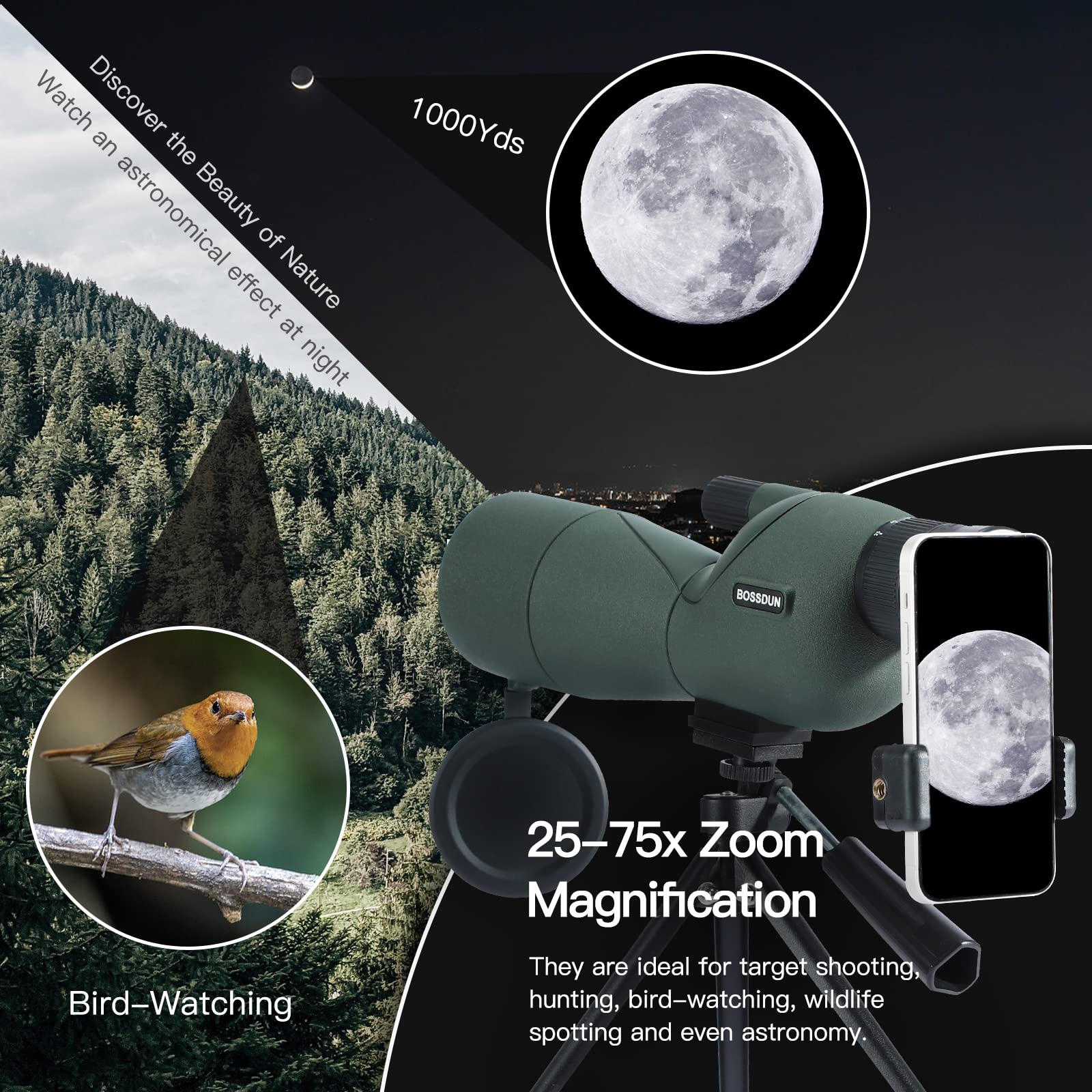 25-75x60 High Power Spotting Scope for Hunting & Shooting - Waterproof BAK4 Prism Telescope with Tripod & Phone Adapter - Ideal for Target Practice, Bird Watching, Wildlife Observation & Outdoor Adventures