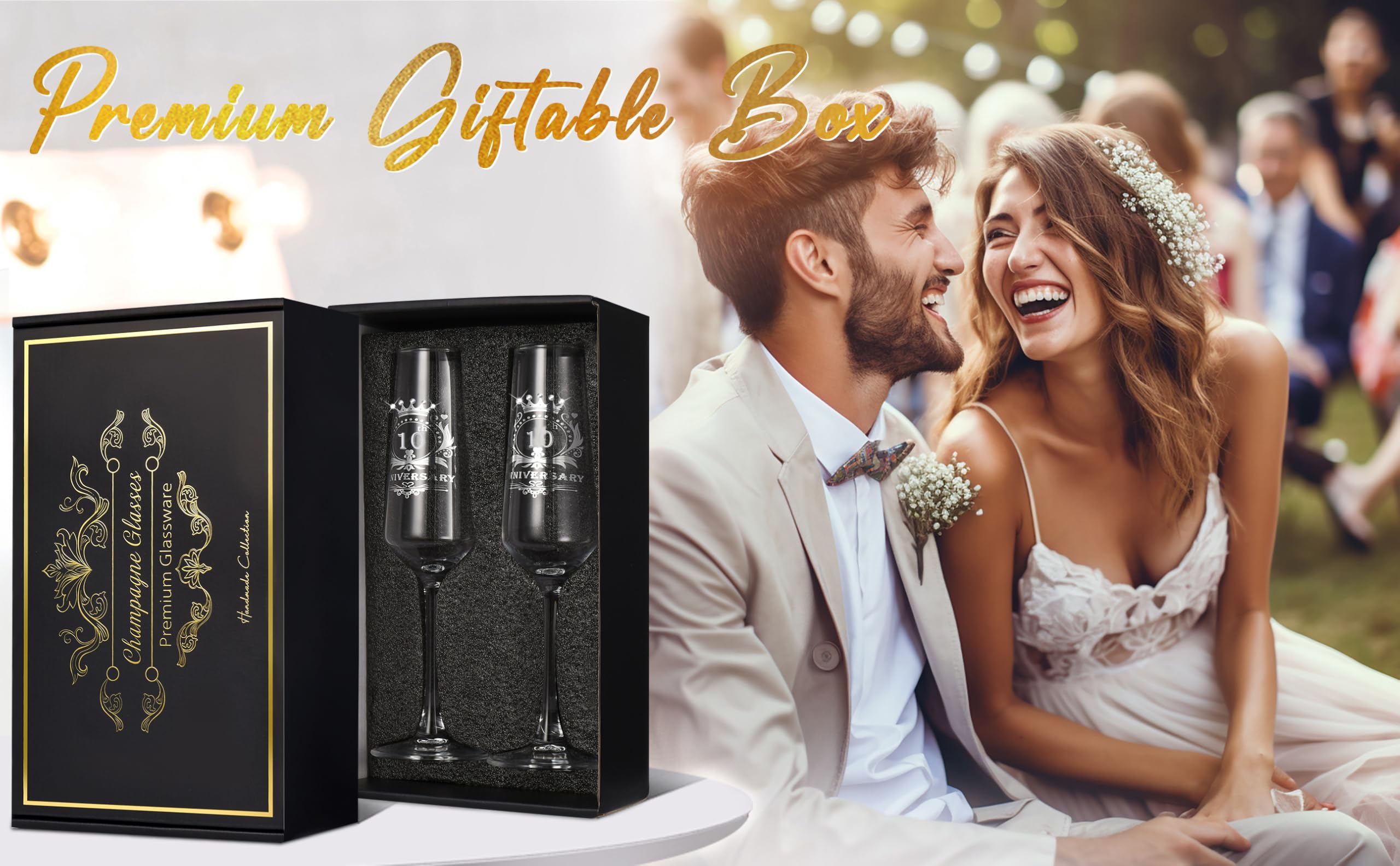 ROXBURGH 10th Wedding Anniversary Champagne Flutes Set of 2 - 7 OZ Crystal Glasses for Couples, Romantic Gifts & Anniversary Decorations - Perfect for Toasting, Wedding Celebrations & Romantic Dinners