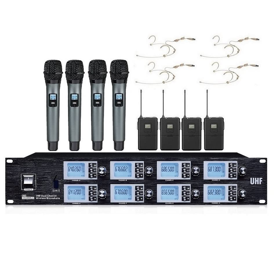 8 Channel Wireless Microphone System for Theater, School Plays, and Performances - Includes 4 Handheld & 4 Headset Mics (Beige) - Perfect for Actors, Children, and Stage Performances