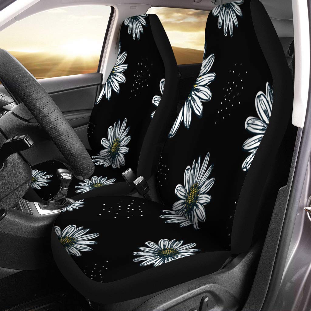 Universal Car Seat Covers Set of 2 - Yellow Daisy Flower & Black Chamomile Pattern - Auto Accessories Protectors for Cars, Trucks & SUVs | Perfect for Road Trips, Daily Commutes & Interior Decor