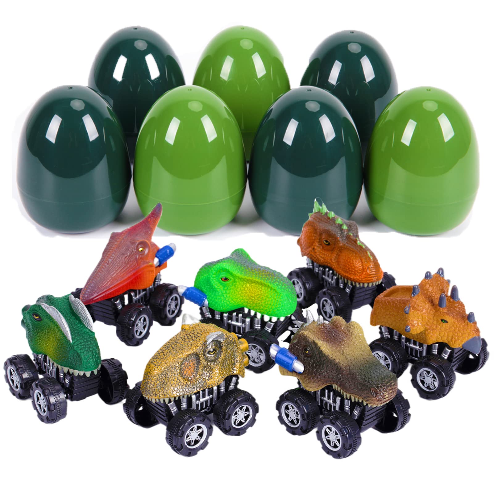 7 Pack Large Easter Eggs with Dinosaur Pull Back Cars - Easter Basket Fillers for Kids, Easter Egg Hunt Prizes, Classroom Rewards & Party Favors - Perfect for Easter Celebrations, Birthday Gifts & Fun Playtime