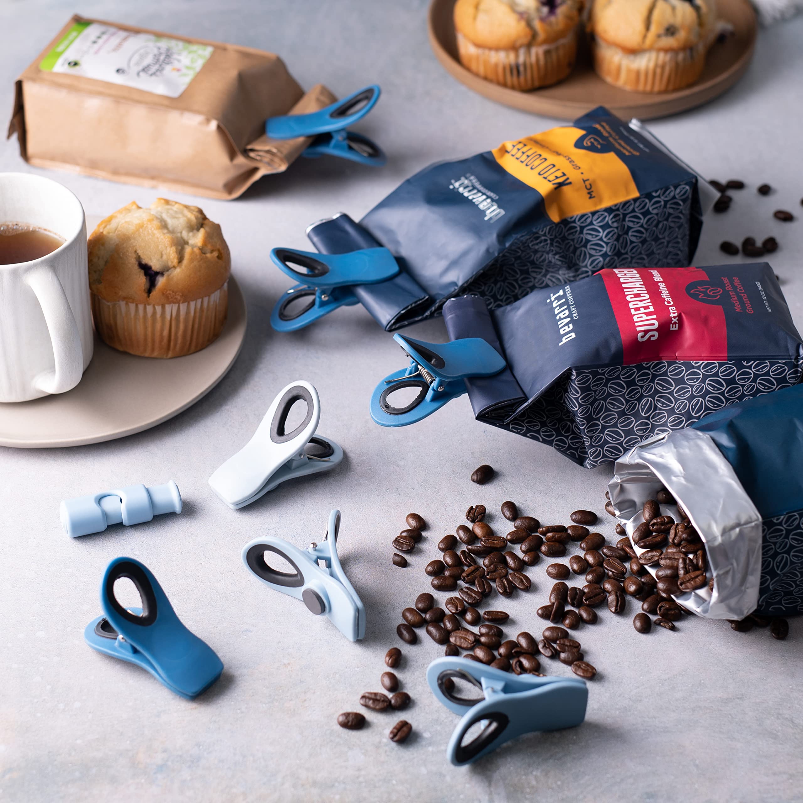Edge Chip Clips for Food Snack Bags & Storage - Non-Slip Magnetic Back with Loop Holes - 12-Piece Medium Set (BlueJay) - Perfect for Kitchen, Pantry & Picnic Organization