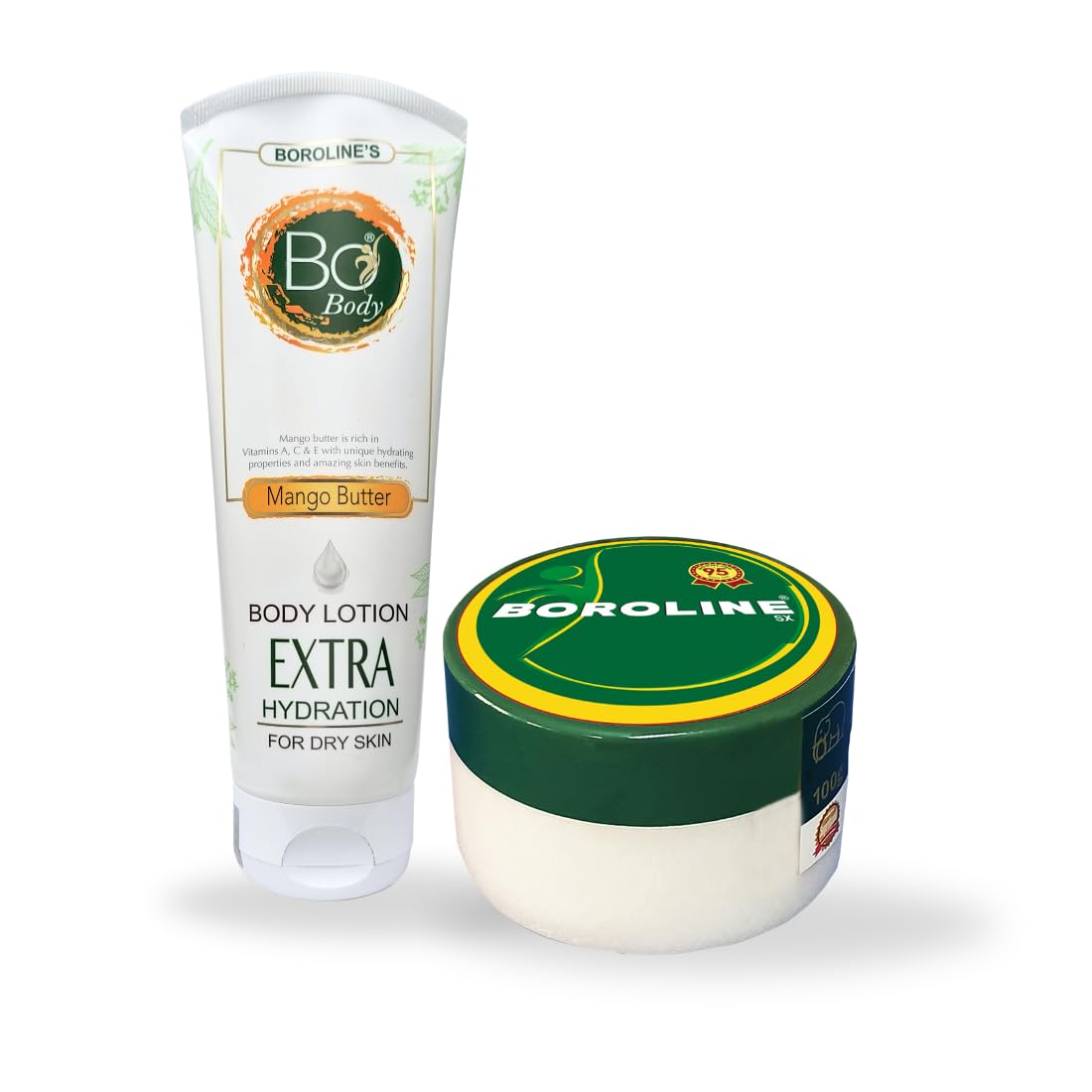 BOROLINE Bo Body Lotion 100ml with Mango Butter & Antiseptic Ayurvedic Cream 100g - 24 Hour Deep Moisturizer for Dry Skin - Enriched with Lanolin Oil & Glycerin - Pack of 2 - Perfect for Daily Hydration & Skin Repair at Home or Travel