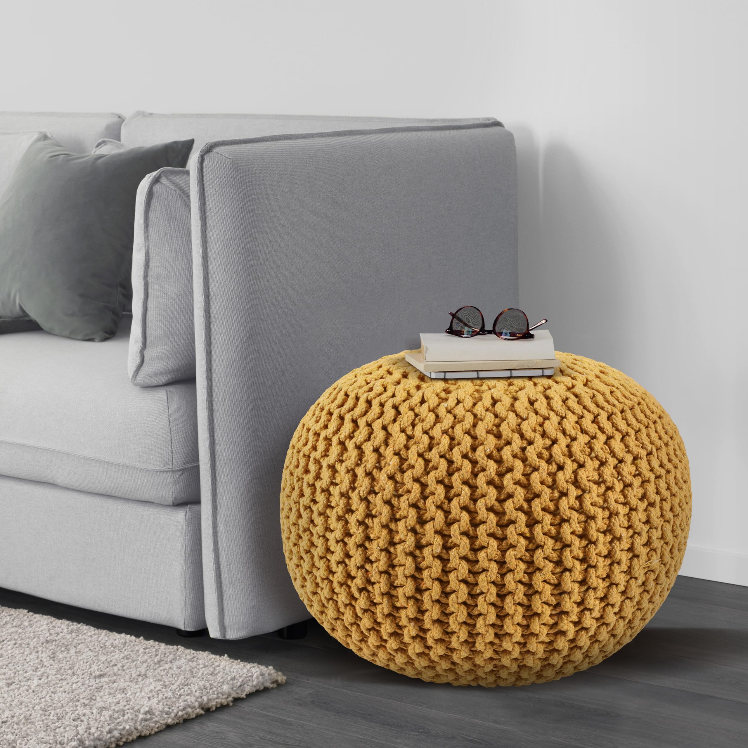 Mustard Yellow Round Ottoman Pouf - Elegant Foot Rest for Living Room Decor