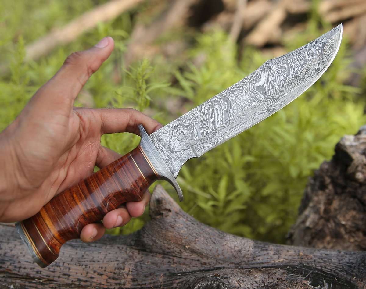 Premium Flux Bowie Knife with Stacked Leather Handle - Tactical Survival Knife for Outdoor Camping, Hunting & Bushcraft - Durable Fixed Blade Knife for Hiking, Adventure & EDC
