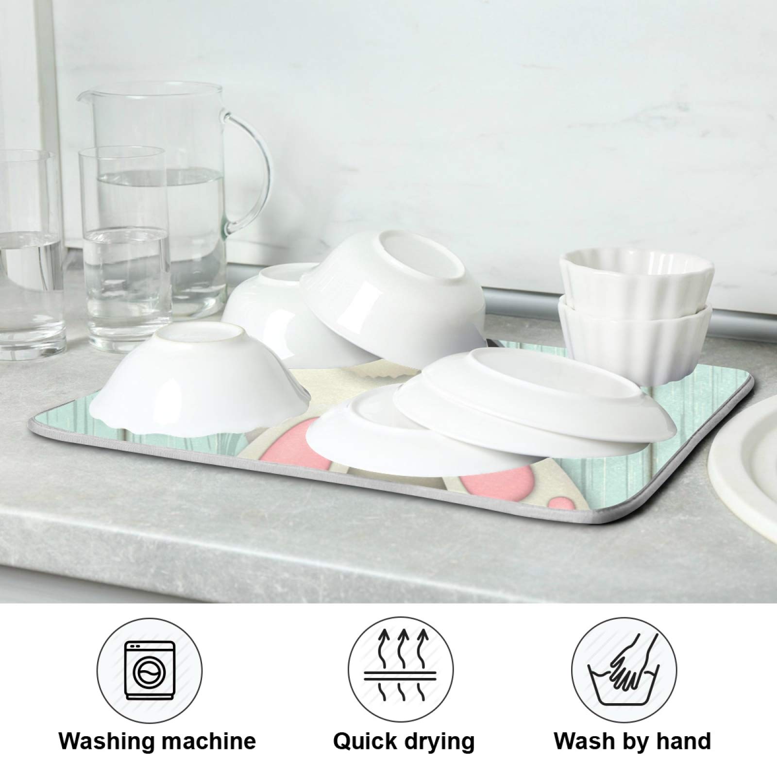 ALAZA Easter Bunny Eggs Dish Drying Mat - Absorbent Microfiber Kitchen Counter Drying Pad (16x18 Inch) for Dishes, Cups & Utensils - Perfect for Easter Decor & Daily Kitchen Use