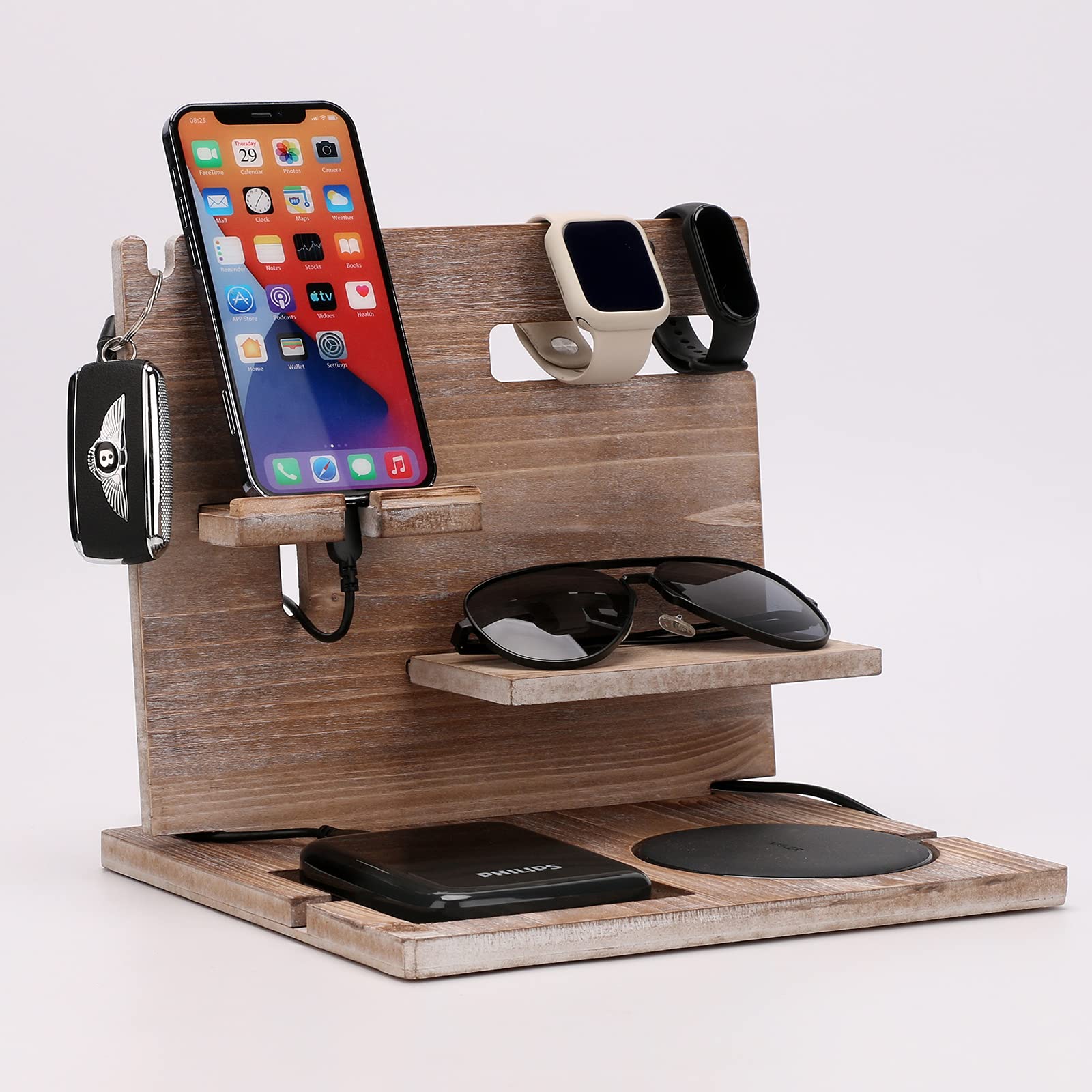 Premium Wooden Docking Station & Phone Stand - Dual Function Organizer for Home Office Desk, Compatible with iPhone, Samsung & Tablets - Perfect for Workspace, Nightstand & Minimalist Decor