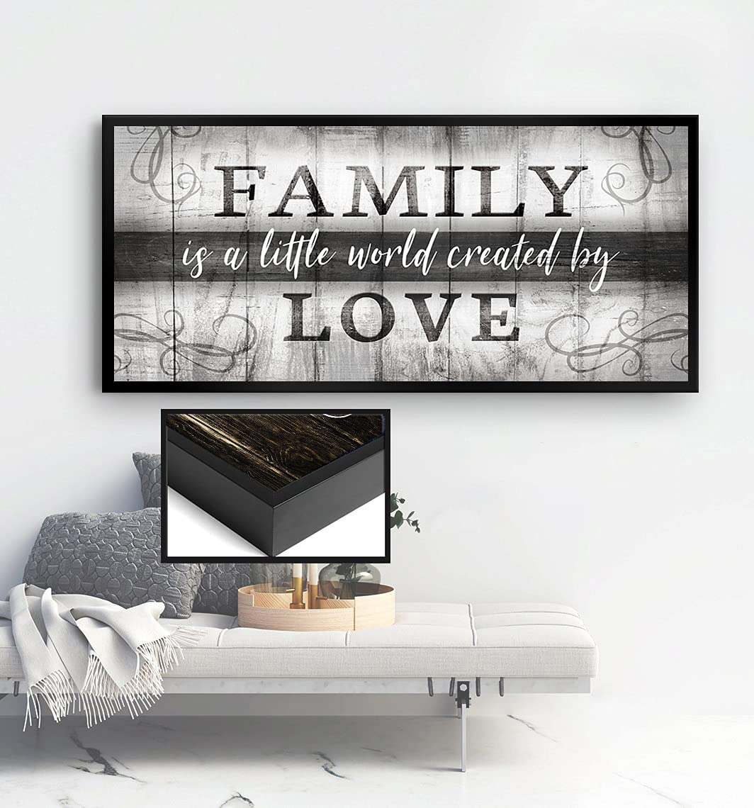 Family Is A Little World Sign - Framed Wall Art for Living Room & Farmhouse Decor - Large Canvas Wall Art with Grey & Black Floating Frame (42x19) - Perfect for Family Room, Home Décor & Gift Ideas
