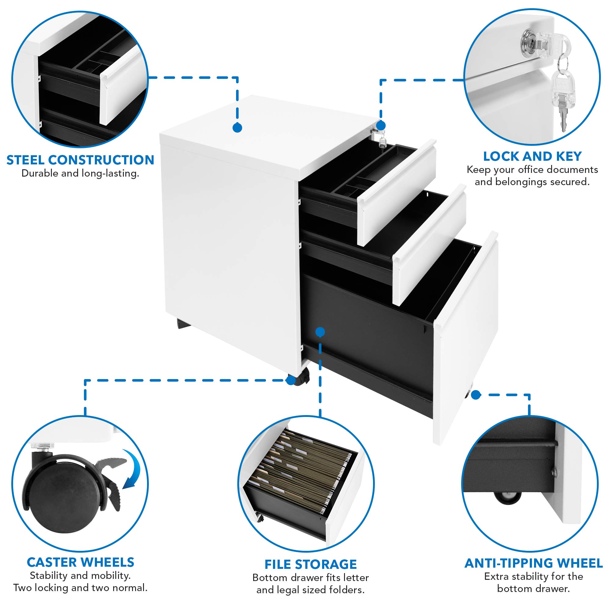 Mount-It! 3-Drawer Rolling File Cabinet with Lock - Under Desk Mobile Storage Organizer for Office Supplies, Documents & Materials - Space Saving Solution for Home & Office Workspaces (White) - Perfect for Small Spaces & Clutter-Free Organization