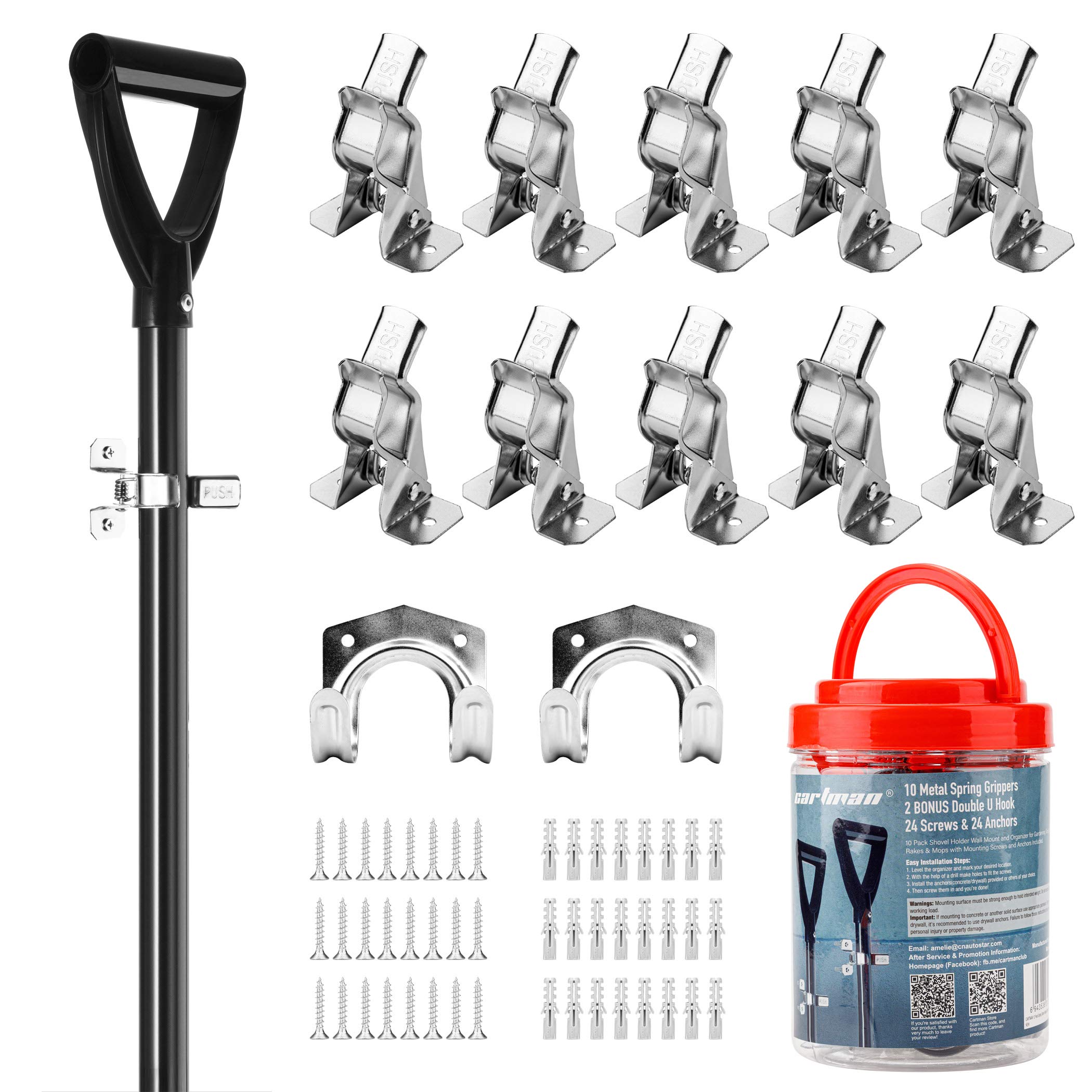 Cartman 12-Piece Heavy Duty Garage Hooks & Wall Organizer Set - Quick Fist Metal Spring Clamps for Shovel, Rake, Broom, Mop Holder - Perfect for Garage, Shed, Workshop & Closet Organization