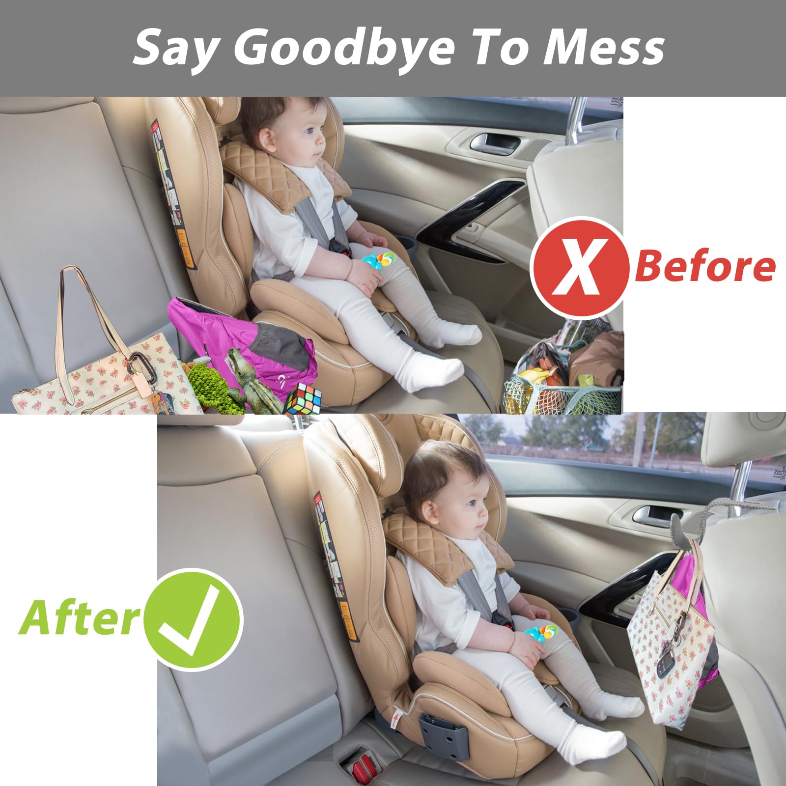 2 Pack Car Purse Hook & Headrest Hanger - Durable Grey Seat Hook Holder for Purses, Bags & Groceries - Perfect Car Accessories for Organization & Shopping Trips