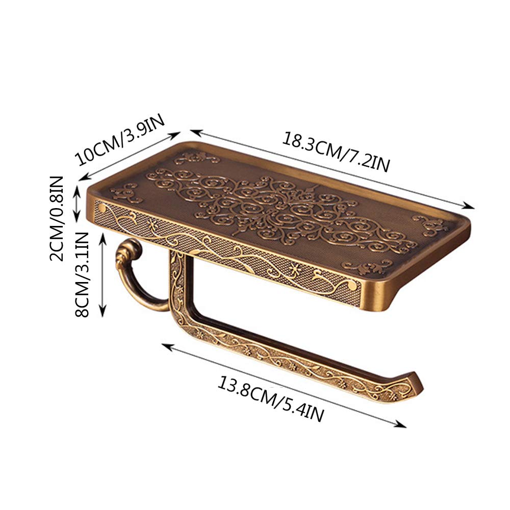 Vintage Carved Toilet Paper Holder with Phone Shelf & Hook - Space Saving Aluminum Bathroom Tissue Holder - Wall Mounted WC Paper Rack for Home, Office, and RV Bathrooms