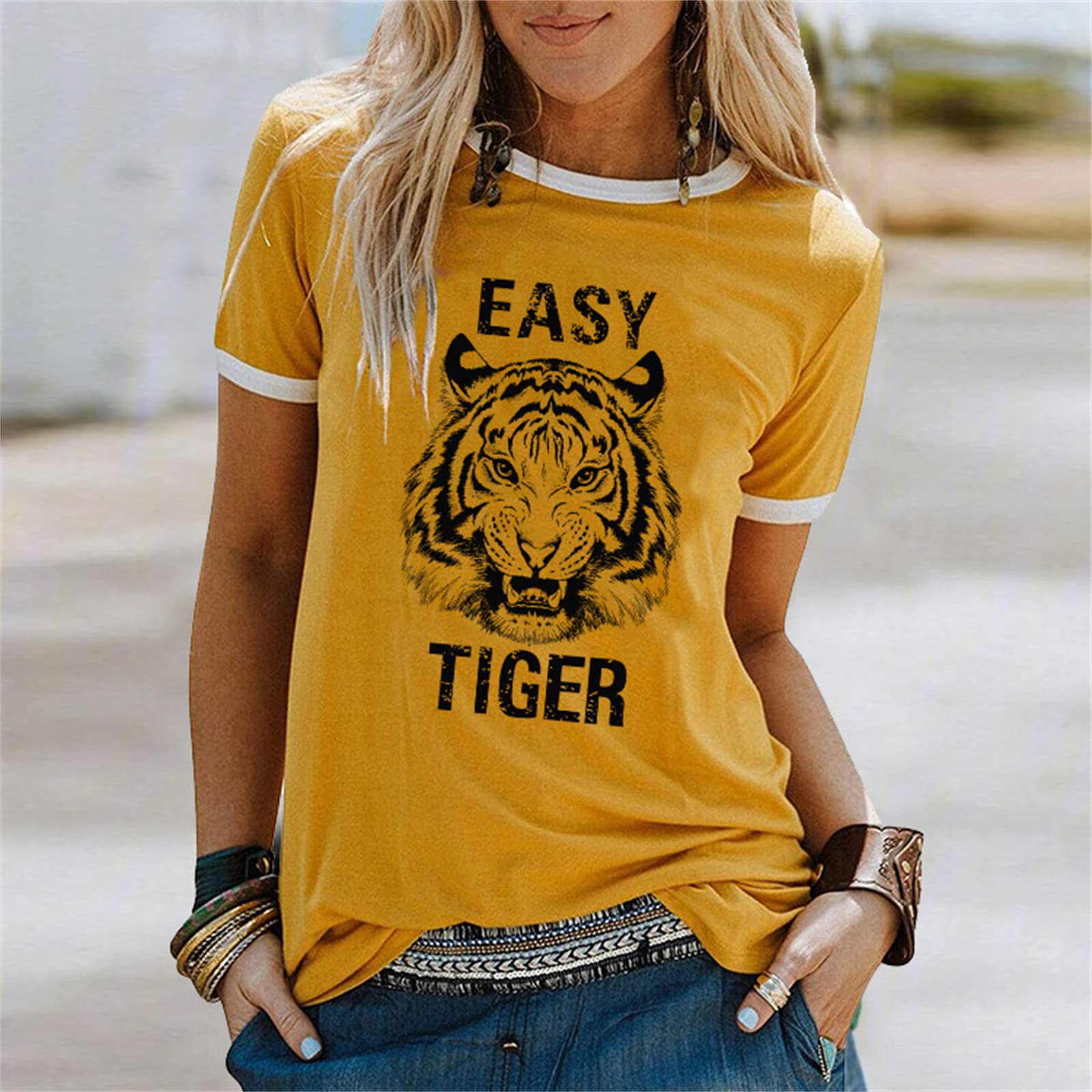 Easy Tiger Women's Graphic Tee - Animal Tiger Print Patchwork White Short Sleeve T-Shirt | Country Music Inspired Casual Top for Concerts & Summer Outfits