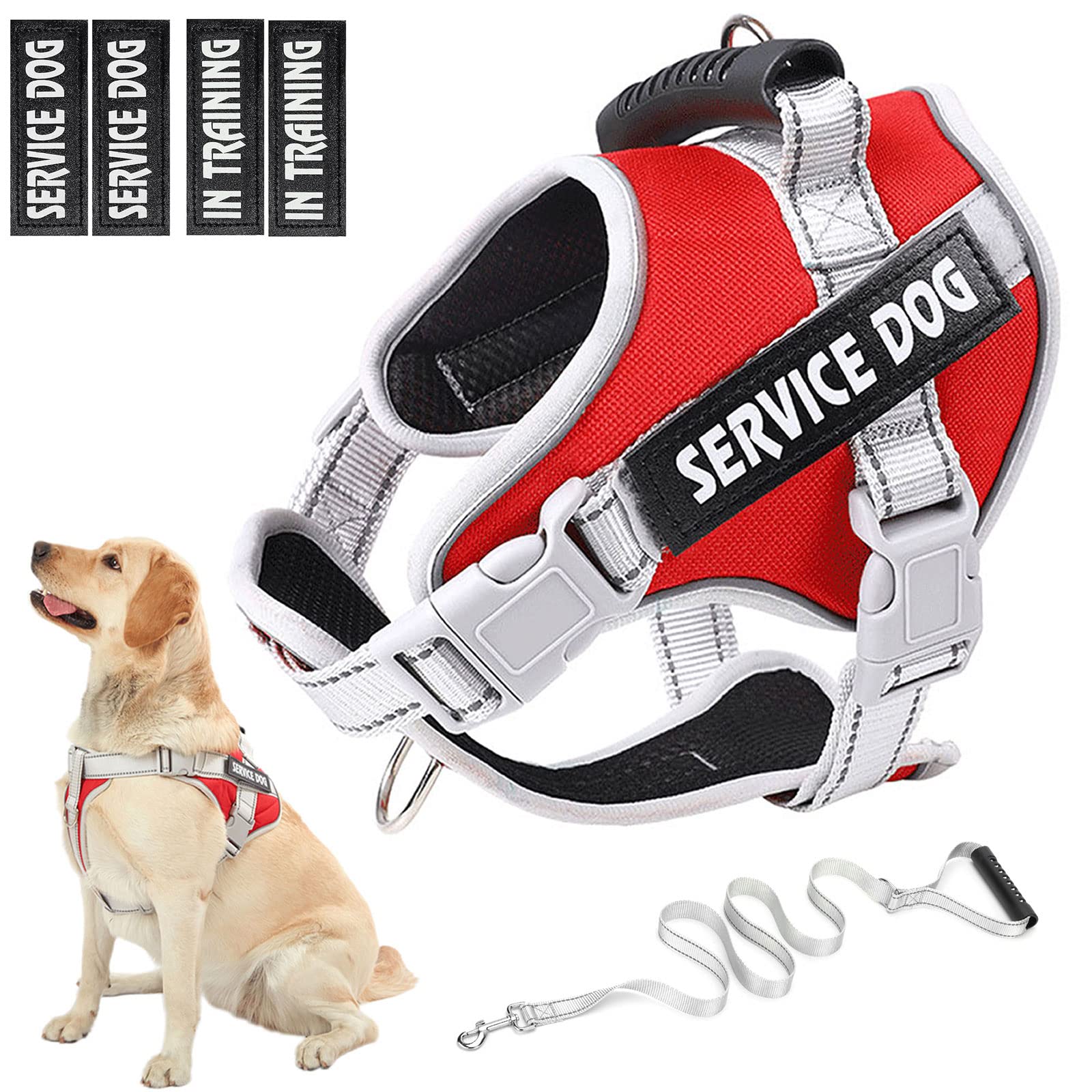 Service Dog Vest Harness - No Pull Training Harness with Handle & 5ft Leash - Adjustable Reflective Choke-Free Pet Harness for Small Medium Large Dogs - Perfect for Walking, Running & Outdoor Adventures (Red, Size L)