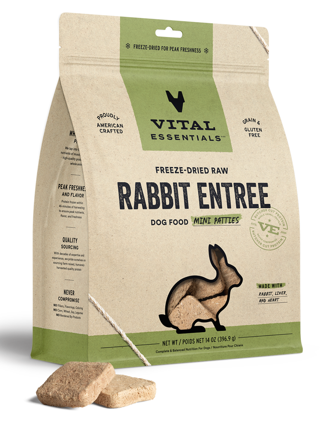 Vital Essentials Freeze Dried Raw Rabbit Mini Patties Grain-Free Dog Food - 14oz (396.8g) | High Protein Natural Diet for Small & Medium Dogs | Perfect for Training, Travel & Outdoor Adventures