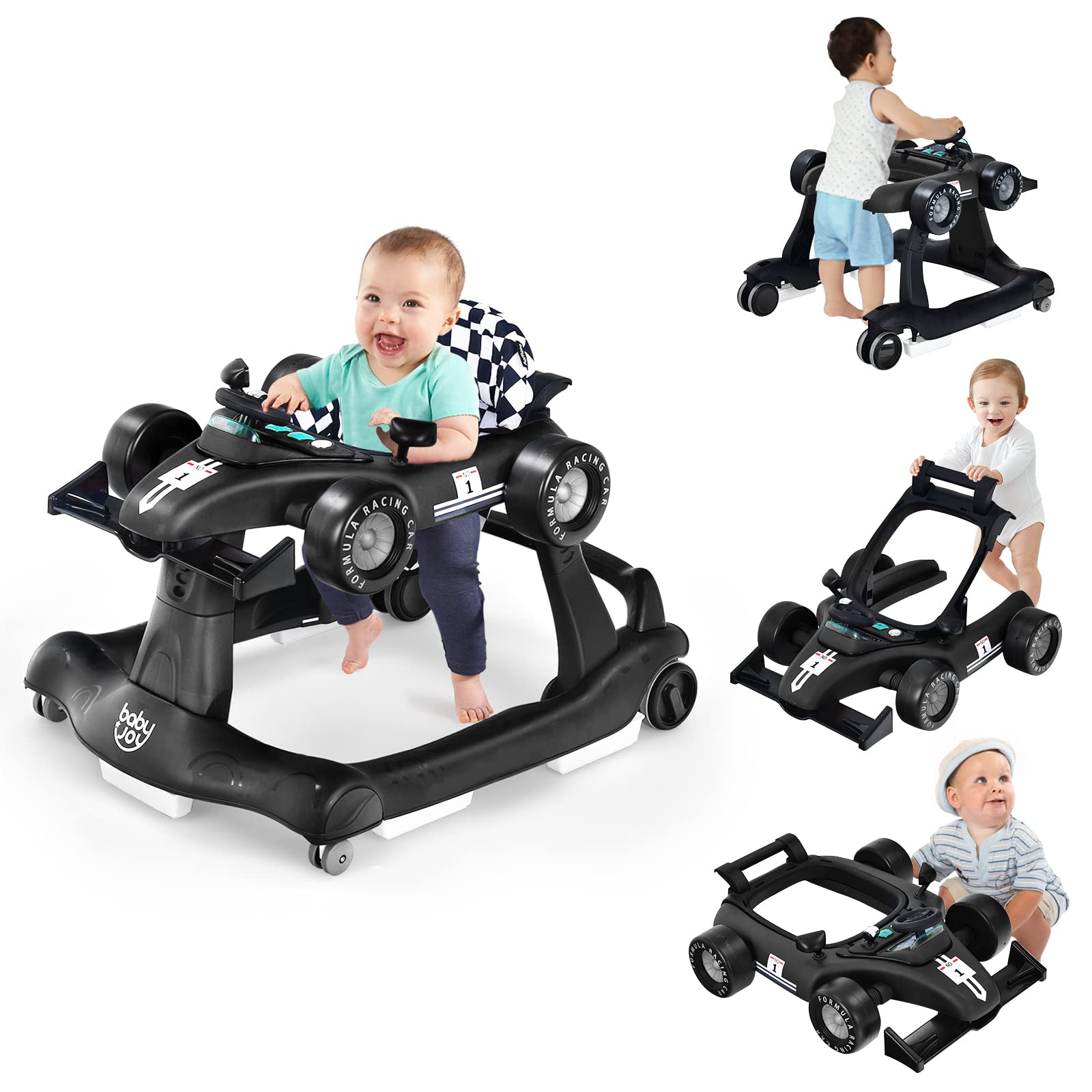 BABY JOY 4-in-1 Foldable Baby Walker with Adjustable Height & Speed - Musical Light-Up Activity Walker with Anti-Rollover Wheels for Toddlers 6-18 Months (Black) | Perfect for Learning to Walk, Indoor Play & Early Development