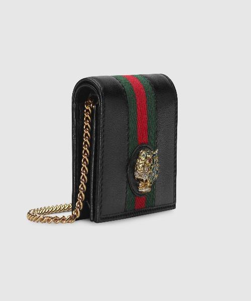 Gucci Rajah Chain Card Case Wallet for Women - Black Leather Credit Card Holder with Detachable Chain - Perfect for Parties, Travel & Everyday Use
