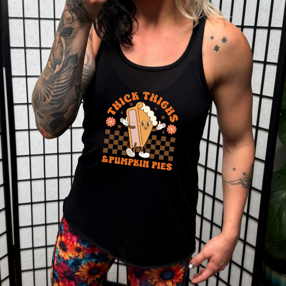 Thick Thighs & Pumpkin Pies T-Shirt - Funny Fall Thanksgiving Graphic Tee for Women - Perfect for Autumn Outfits & Holiday Gatherings