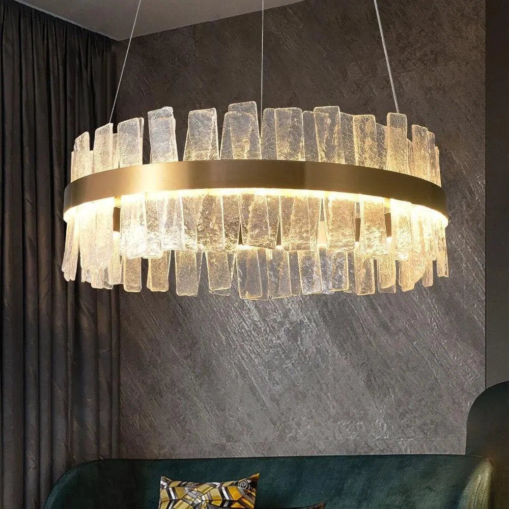 Flake Crystal Round Golden Lamp Body Modern Chandelier - Elegant Lighting Fixture for Dining Room, Bedroom, and Living Room Decor