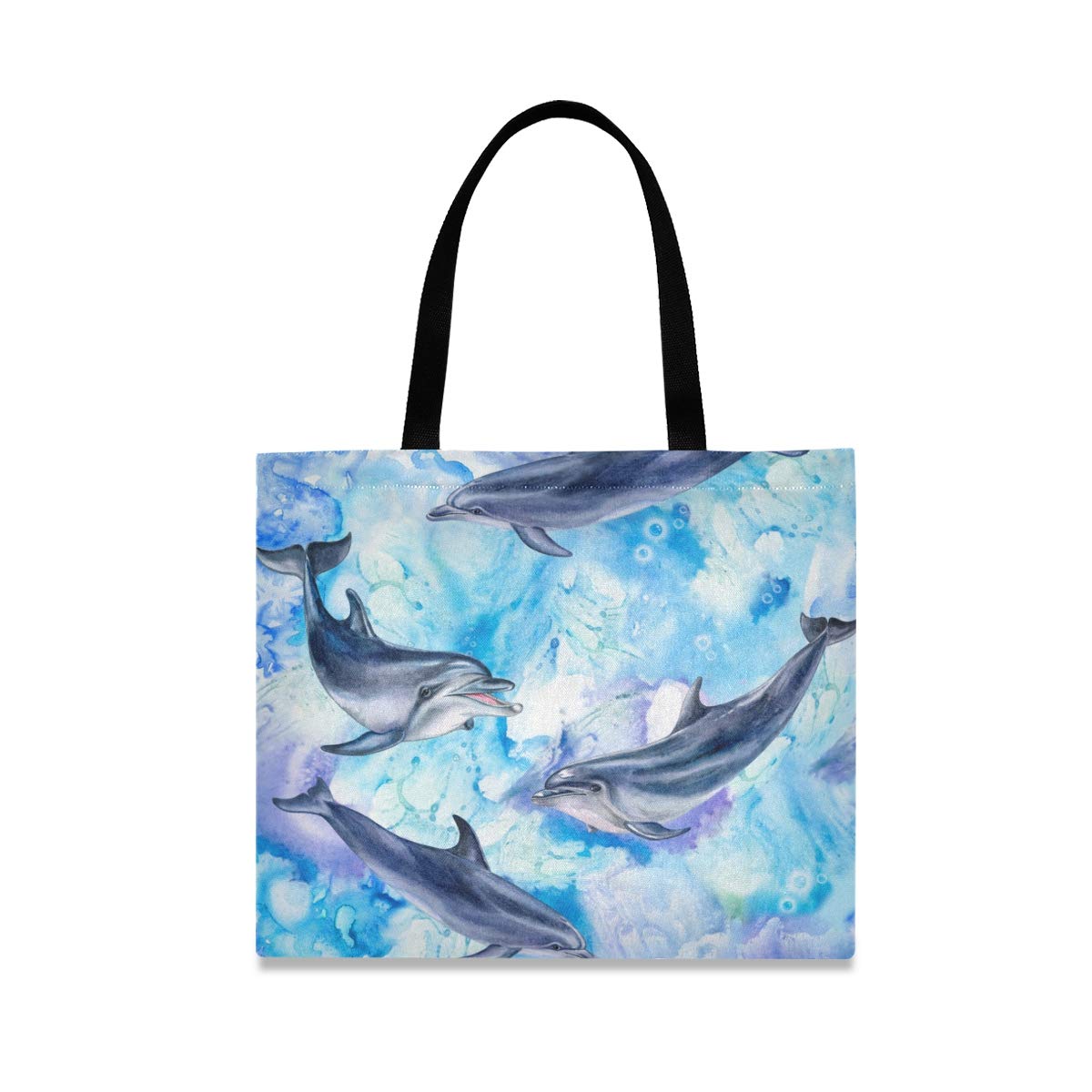 RunningBear Sea Blue Dolphins Life Canvas Tote Bag for Women - Large Reusable Grocery Shopping Bag with Interior Pocket - Perfect for Gym, Beach, Travel & Outdoor Activities