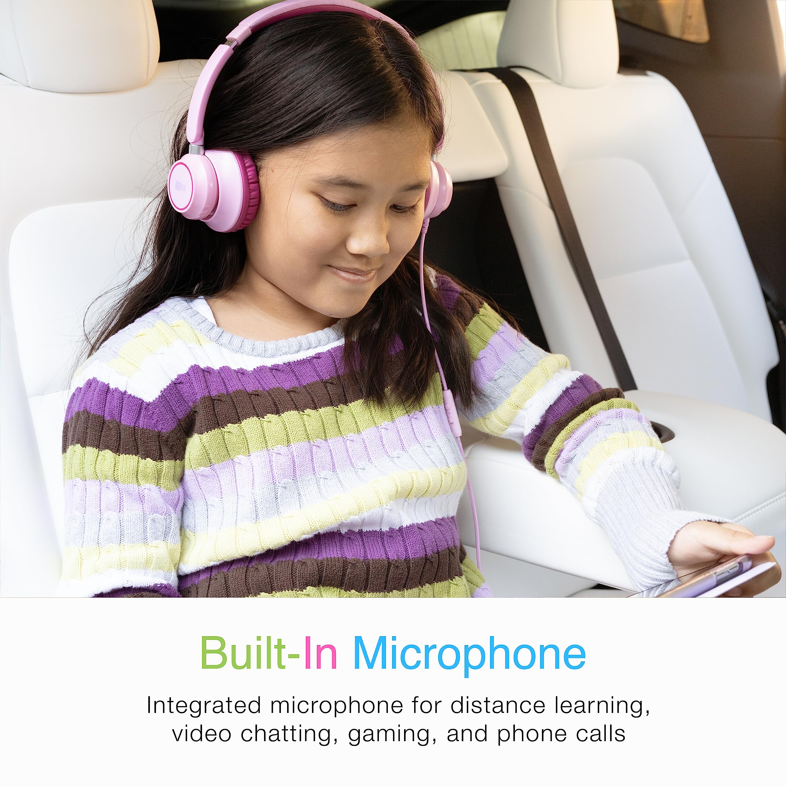MEE audio KidJamz KJ45 Kids Headphones with Volume Limiter & Built-in Mic - Safe On-Ear Adjustable Headset for Children, 3.5mm Jack Wired - Ideal for Online Learning, School Classes, Travel & Tablet Use (Pink/Magenta)