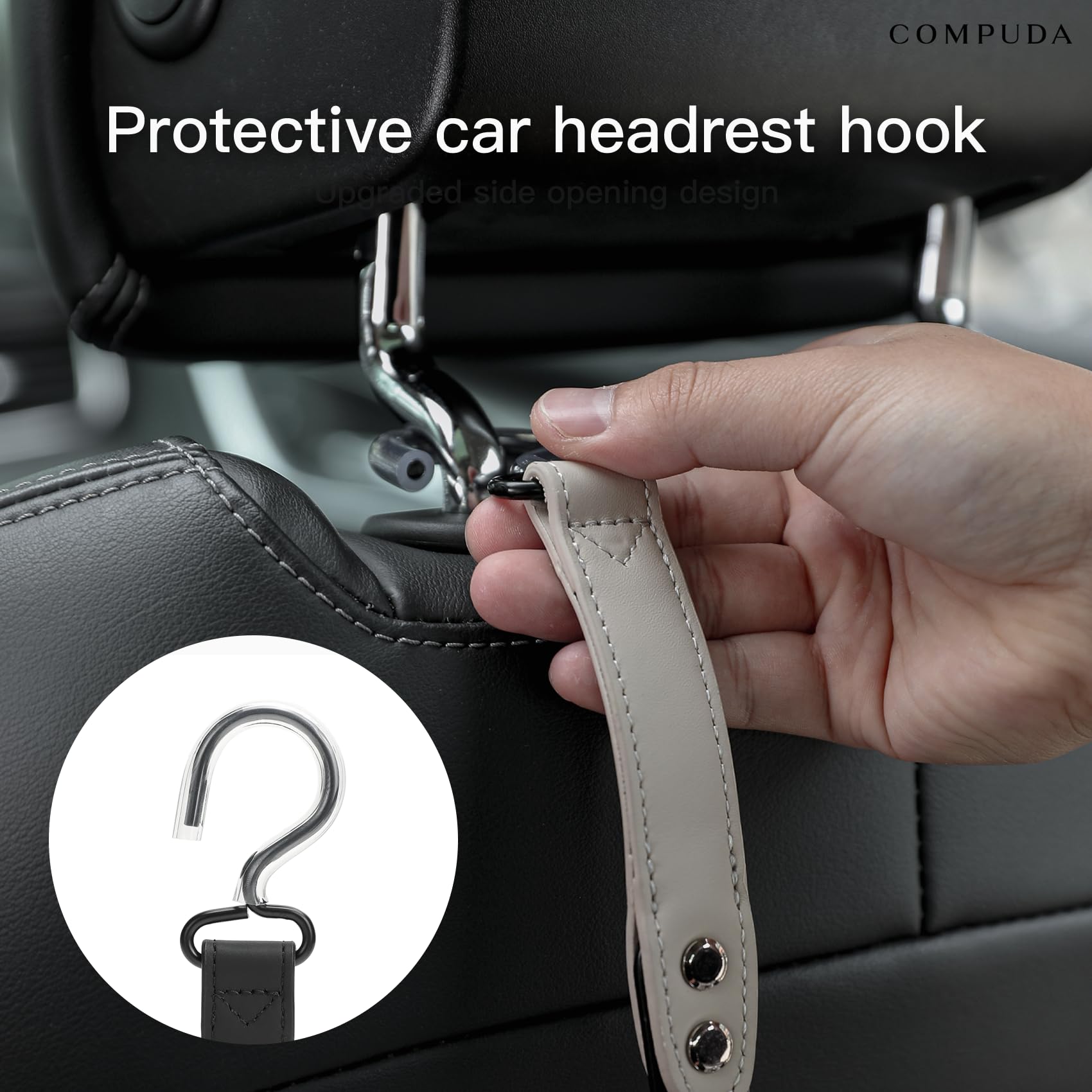 2 Pack Car Headrest Hooks - Premium Leather & SUS304 Steel Hangers for Purses, Bags, Groceries - Perfect for Road Trips, Shopping & Daily Commute (Grey)