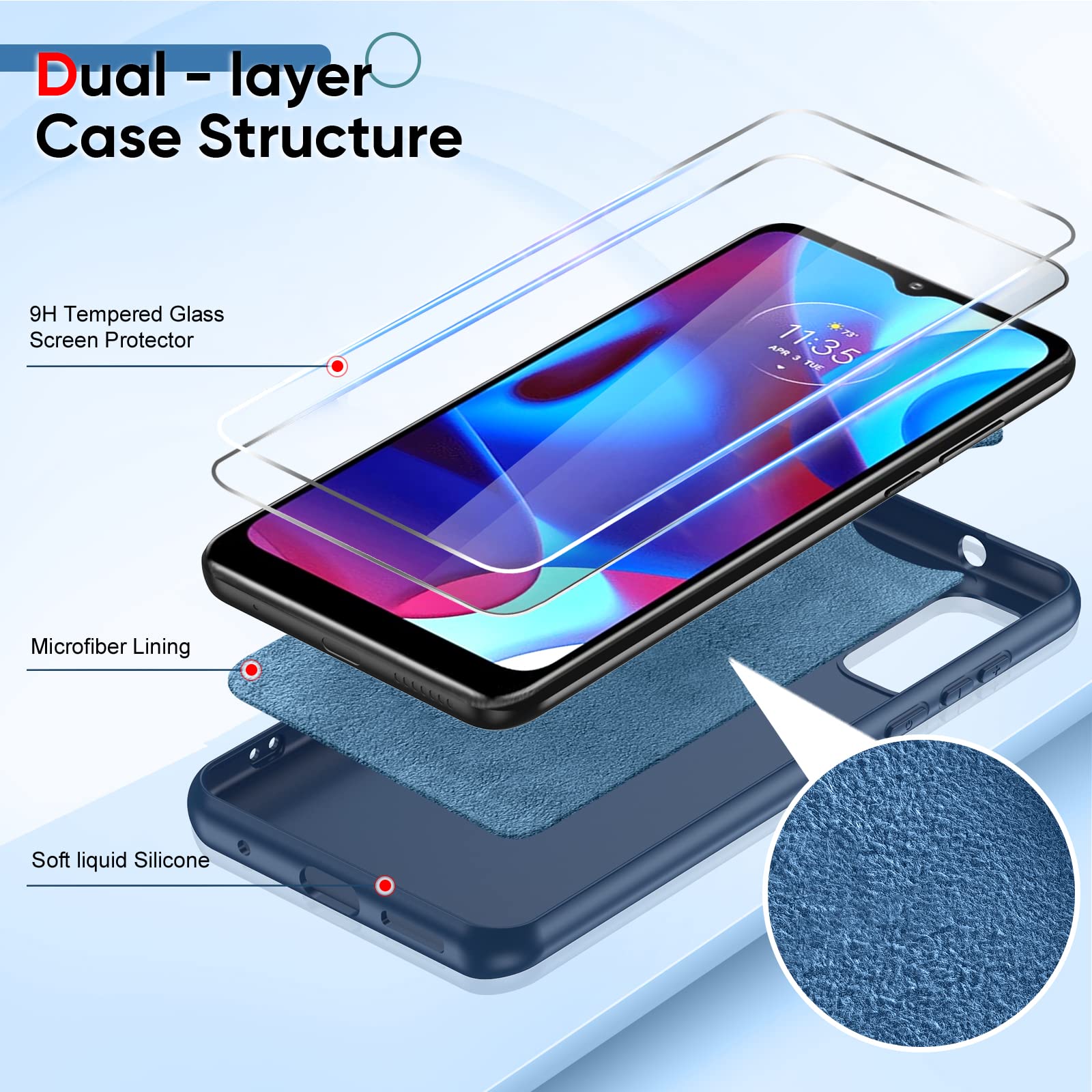 Motorola G Pure Case with 2 Pack Tempered Glass Screen Protector & Camera Lens Protector - Liquid Silicone Slim Soft Protective Phone Cover for Motorola G Pure (Blue) | Perfect for Everyday Use, Work & Travel Protection