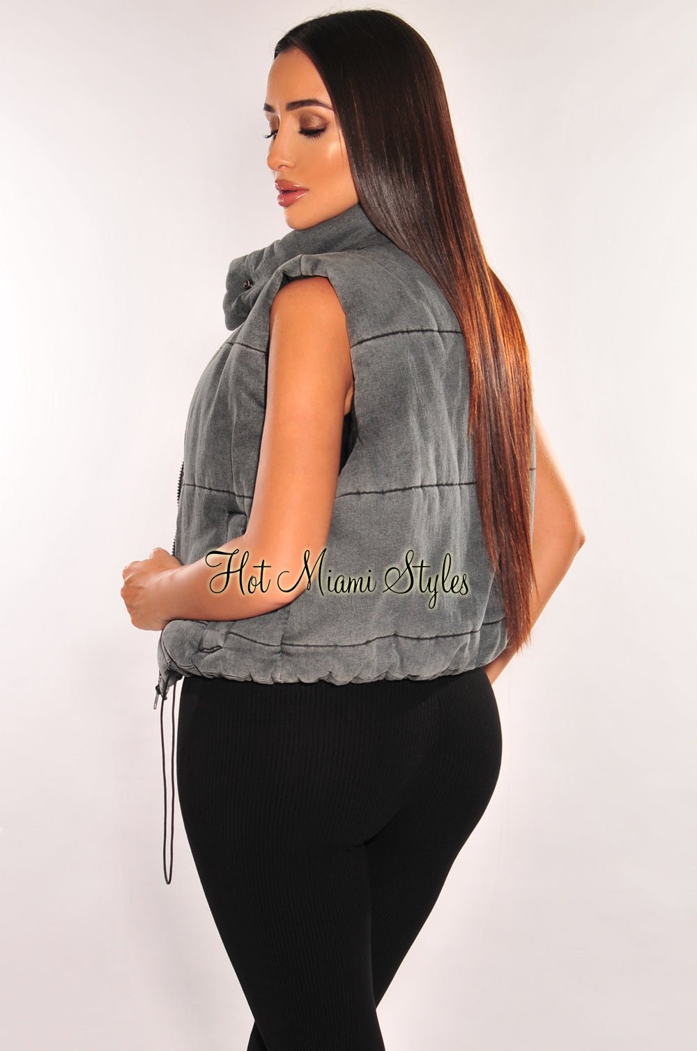 Gray Denim Wash Sleeveless Collared Puffer Cropped Vest for Women | Winter Fashion Outerwear | Casual Streetwear & Layering Styling
