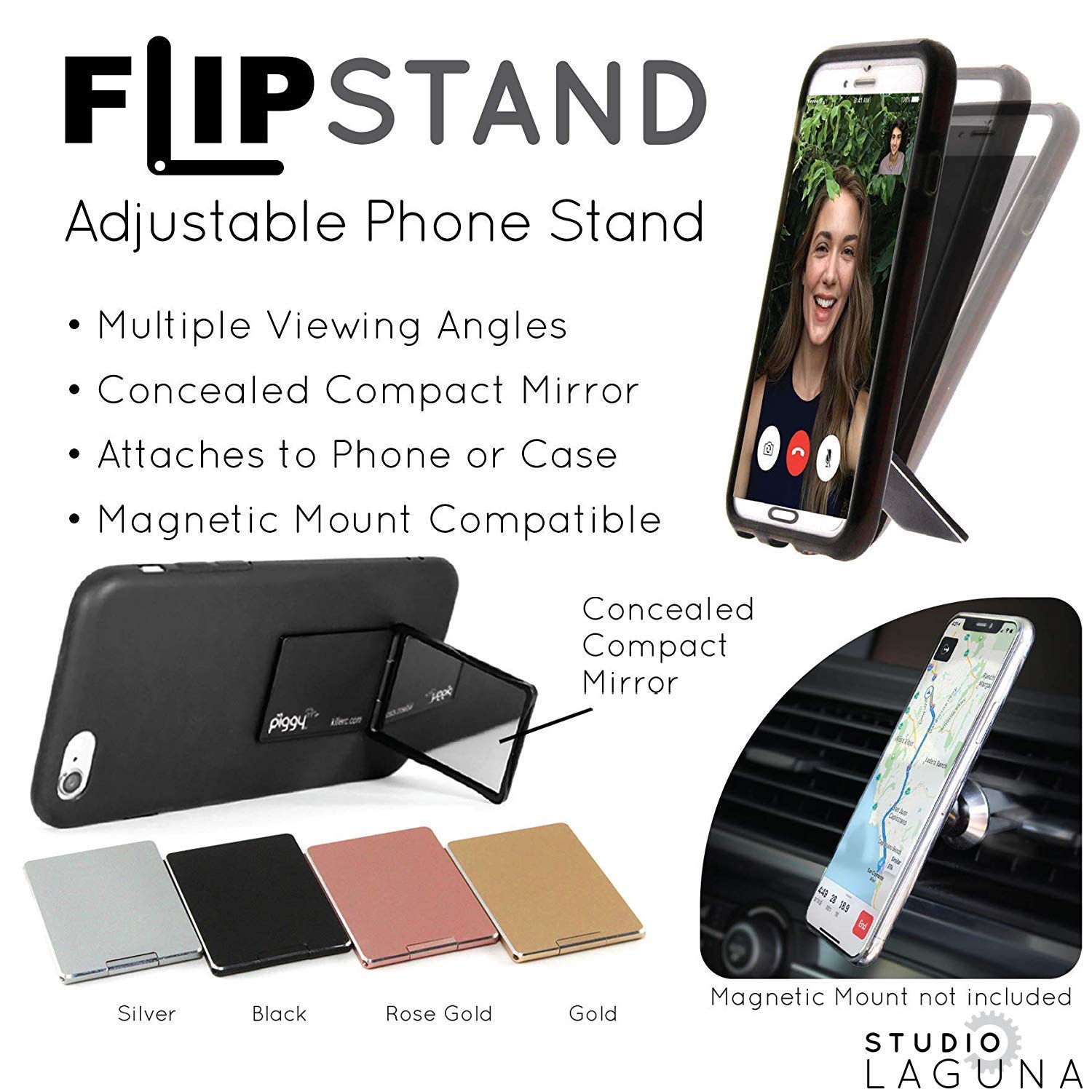 Adjustable Phone Stand & Grip with Mirror - Magnetic Car Mount Compatible - Perfect for Driving, Video Calls & Hands-Free Viewing (Black)