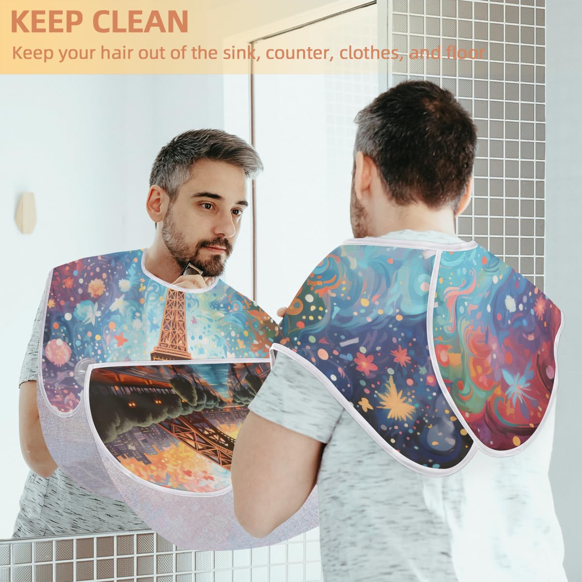 Eiffel Tower Beard Shaving Bib for Men - Waterproof Hair Dye Apron & Barber Cape for Beard Trimming, Haircut & Makeup - Sink Hair Catcher & Grooming Accessory - Perfect for Home Salon, Barber Shops & DIY Styling
