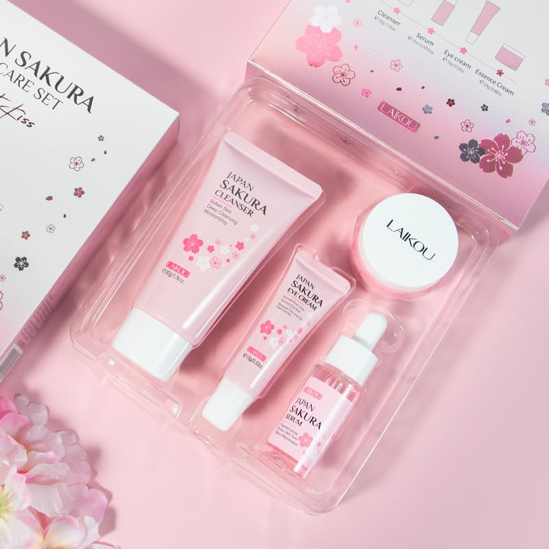 Japan Sakura Skin Care Gift Set - 4-Piece Travel Kit with Cleanser, Serum, Eye Cream & Face Cream | Gentle Skincare for Women, Moms, Wives & Teens | TSA-Friendly Beauty Essentials for Daily Routine & Gifting