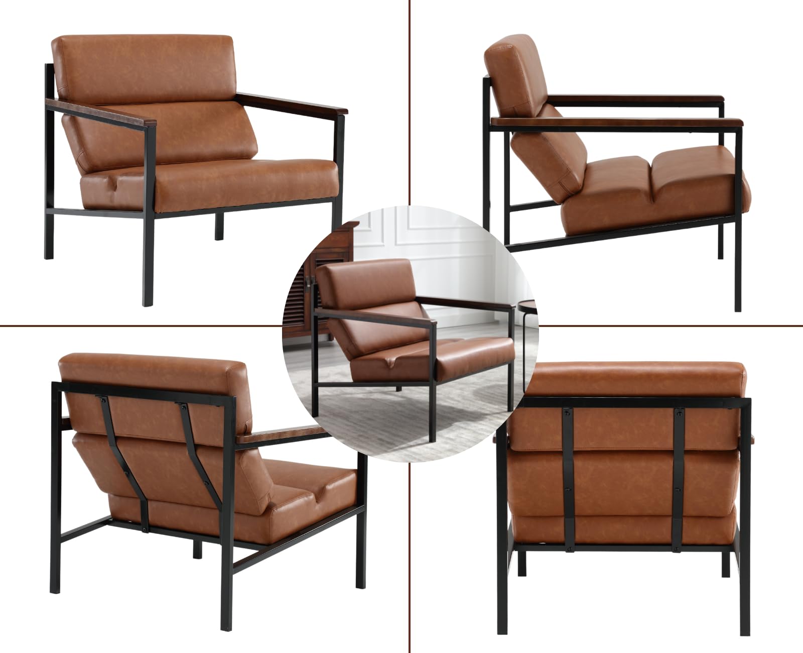 EALSON Modern Leather Accent Chairs Set of 2 - Comfortable Lounge Chairs with Sturdy Metal Frame & Upholstered Armrests - Wooden Armrest Sofa Chairs for Living Room, Bedroom, Office - Perfect for Relaxing, Reading & Home Decor (Brown)