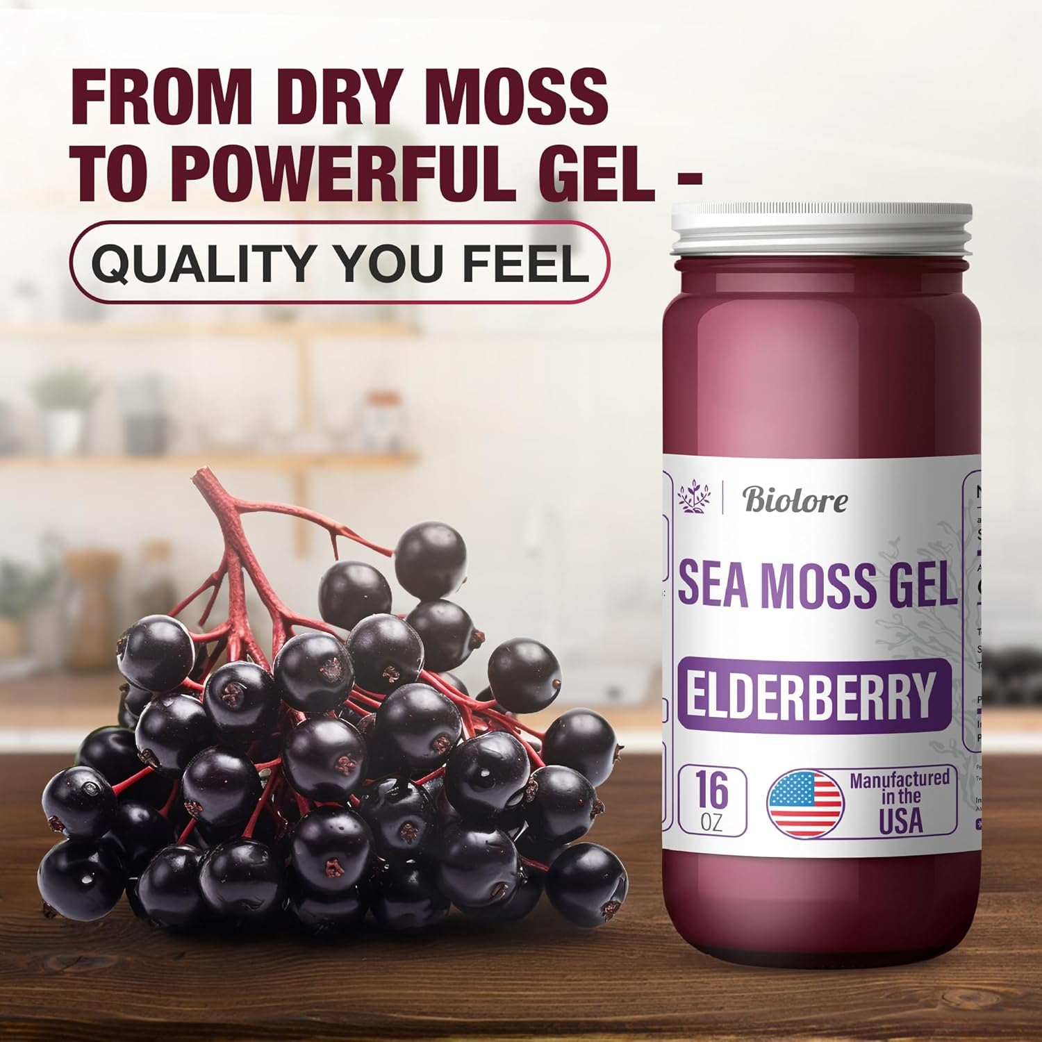 Biolore Sea Moss Gel - Elderberry 16oz | Wildcrafted Irish Seamoss with Essential Vitamins & Minerals | Vegan Superfood Supplement | Made in USA | Supports Immunity & Digestive Health | Perfect for Smoothies & Wellness Routines