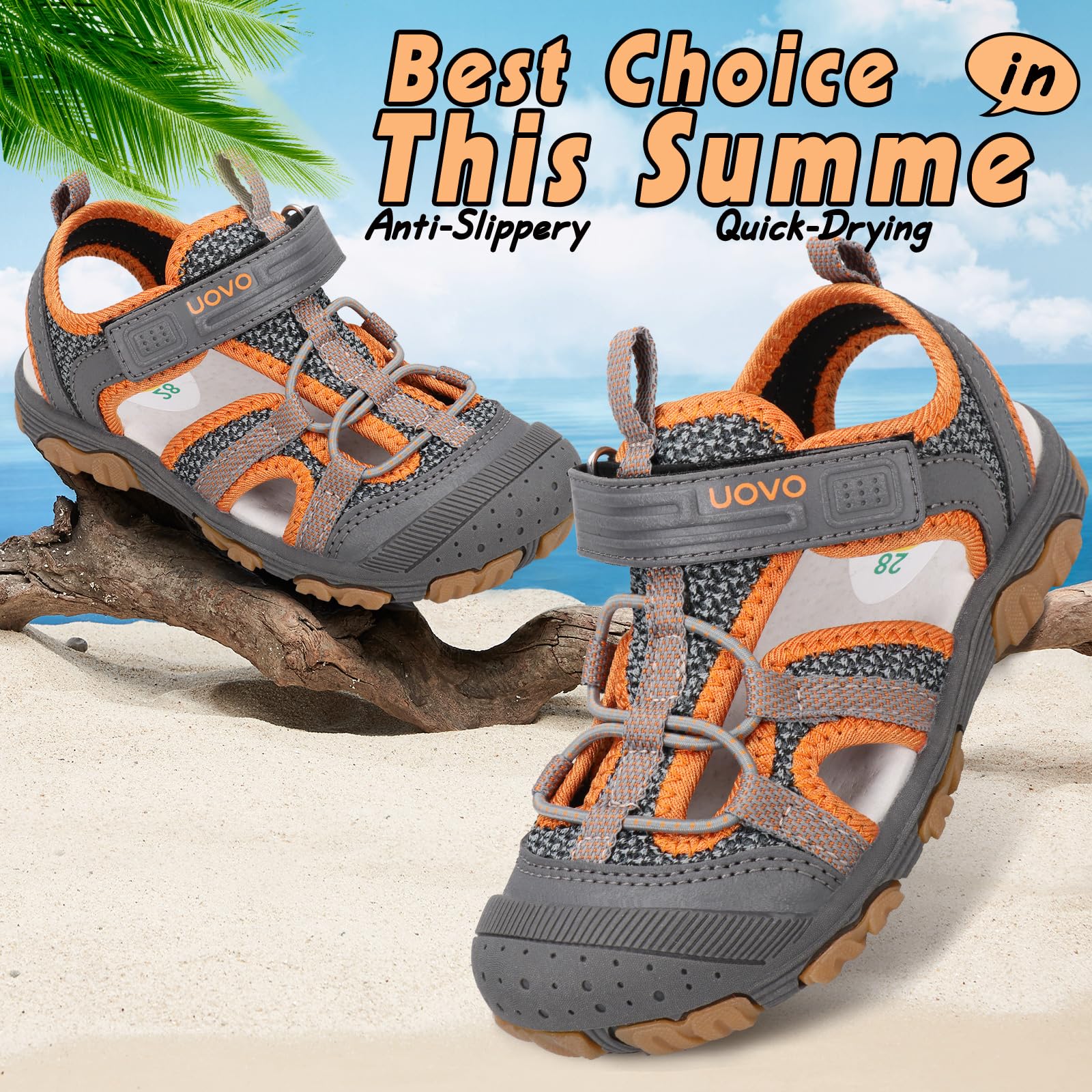 UOVO Boys Girls Water Sandals with Closed Toe - Lightweight Summer Outdoor Sport Shoes for Toddler Little Kid Big Kid - Perfect for Beach, Pool, Park & Playground Activities