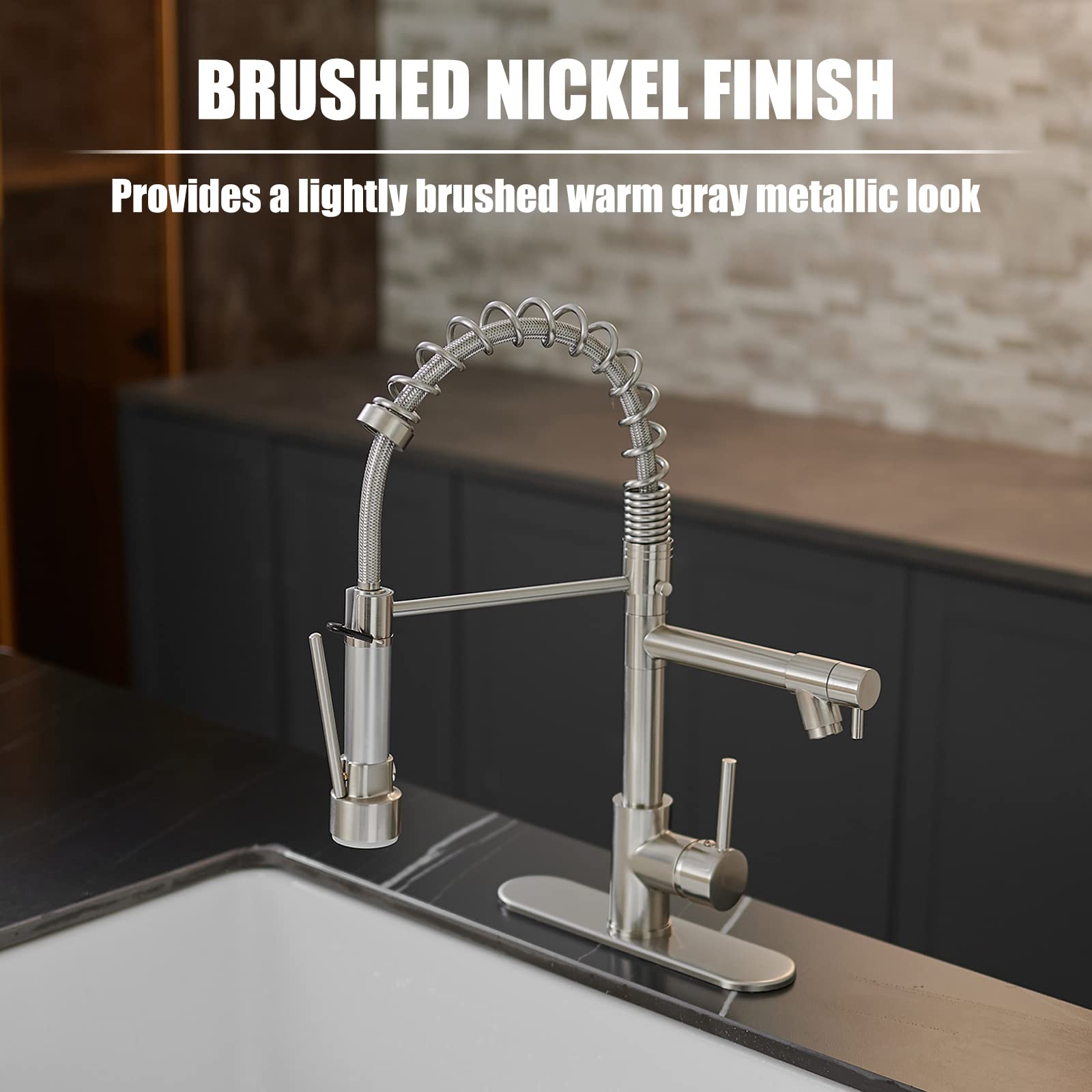 Brushed Nickel Single Handle Modern Kitchen Faucet with Pull Down Sprayer and Dual Spout - Commercial Grade Spring Faucet for Sink with Deck Plate - Perfect for Home Kitchen, Restaurant, and Commercial Use