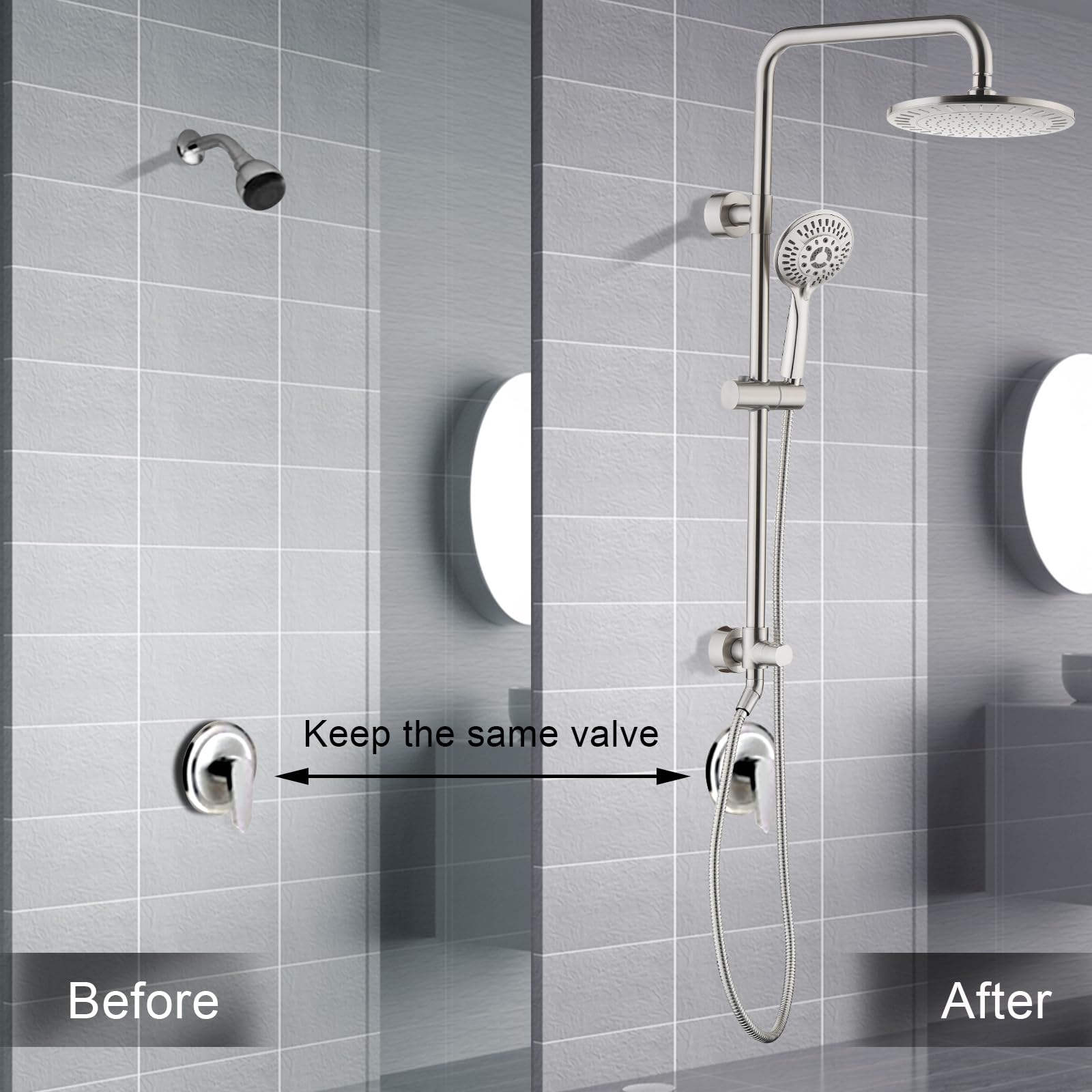 BRIGHT SHOWERS Luxury Rain Shower System - 60 Inch Adjustable Rainfall Shower Head with Handheld Spray & Brushed Nickel Stainless Steel Hose - Perfect for Spa-Like Bathroom Experience & Relaxing Shower Time