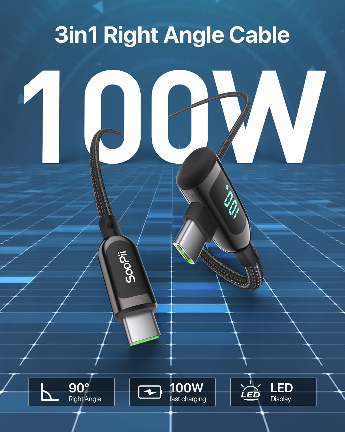 SooPii 100W USB C to USB C Right Angle Cable 1FT - Zinc Alloy Braided Fast Charging Type-C Cable with LED Display for iPhone 15, iPad Air/Pro, MacBook Pro, Galaxy S24/S23/S22/S10, Pixel, LG - Perfect for Travel, Office & Home Charging (0.3m, Black)