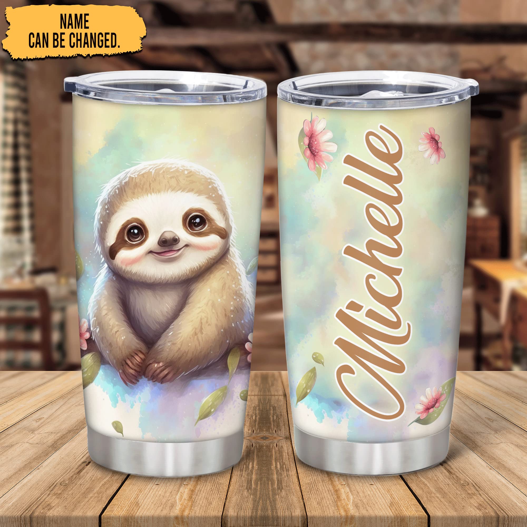 Personalized Sloth Stainless Steel Tumbler 20oz with Lid - Custom Name Gift for Sloth Lovers - Perfect Birthday & Christmas Present for Women & Girls - Great for Coffee, Tea & Office Use