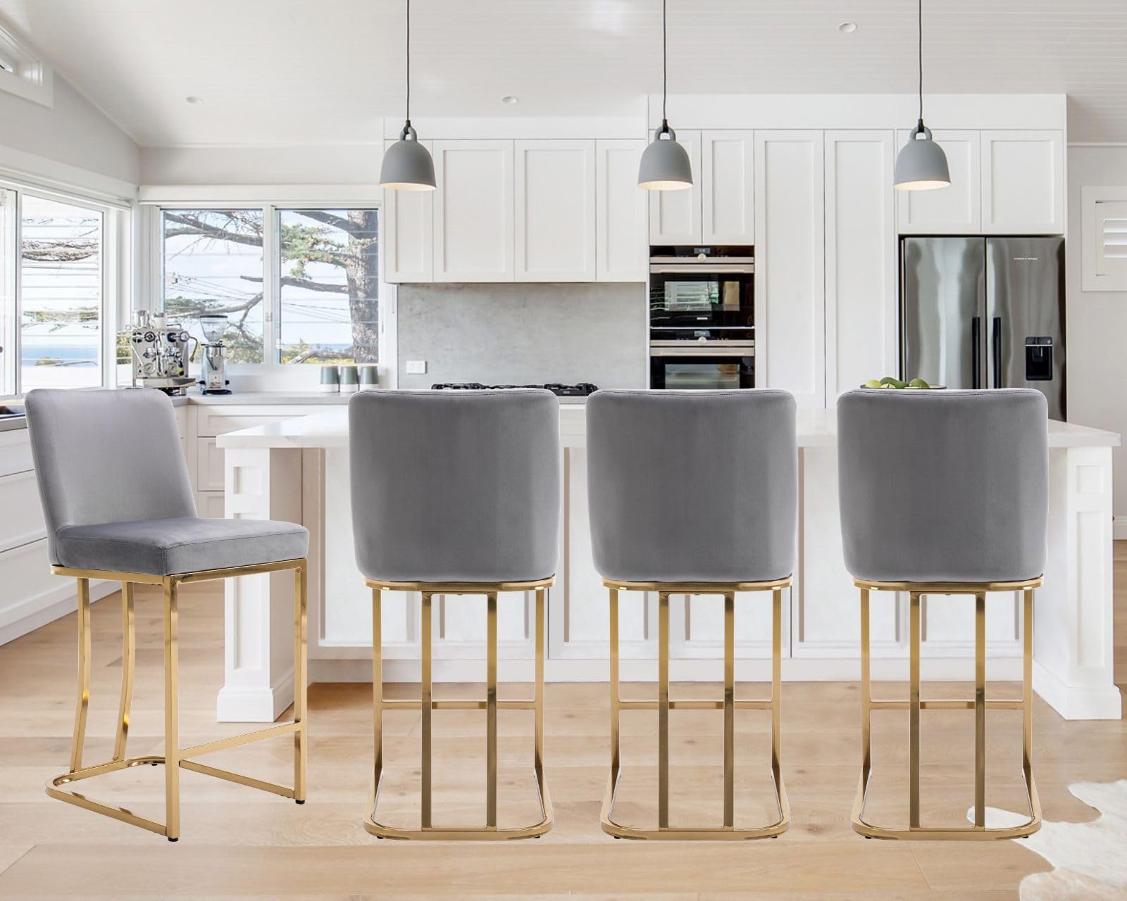 Modern Velvet Upholstered Counter Height Bar Stools Set of 4 - 24 Inch Kitchen Island Stools with Golden Metal Frame, Grey Velvet - Perfect for Home Bar, Kitchen Counter, Dining Room & Pub Decor