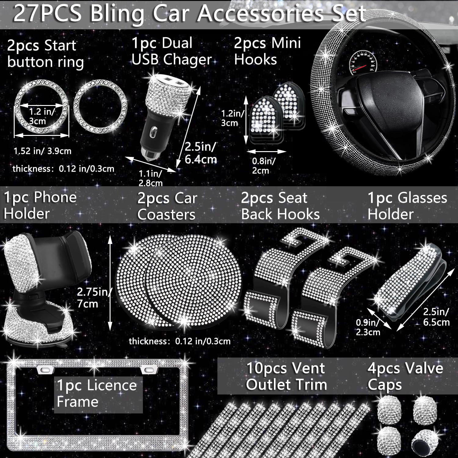 27 Pcs Bling Car Accessories Set for Women - Universal 15