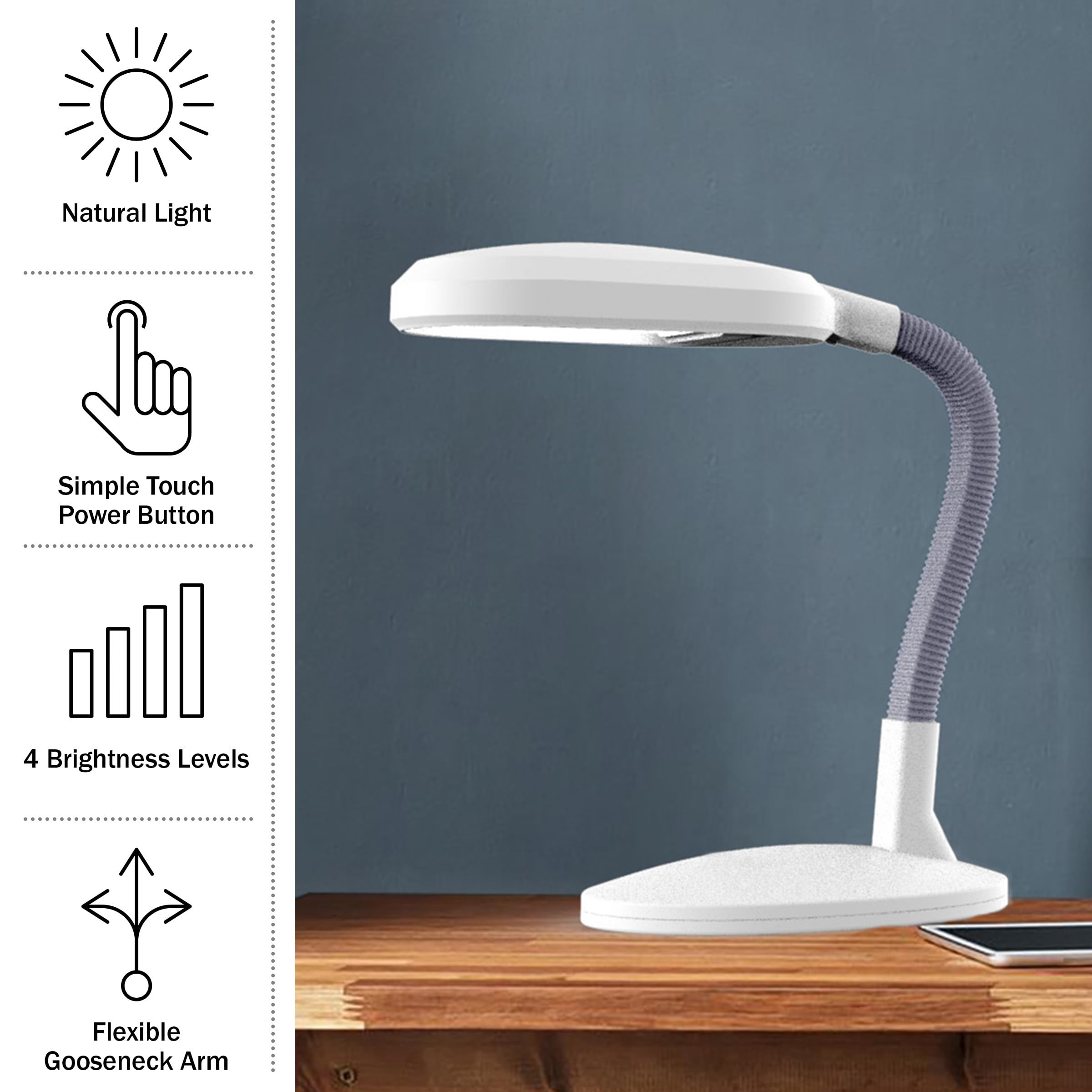 Lavish Home LED Desk Lamp with Adjustable Gooseneck Arm - Natural Sunlight Simulation for Home Office, Reading & Crafting - Energy Efficient White Task Light for Studying, Writing & Nightstand Use