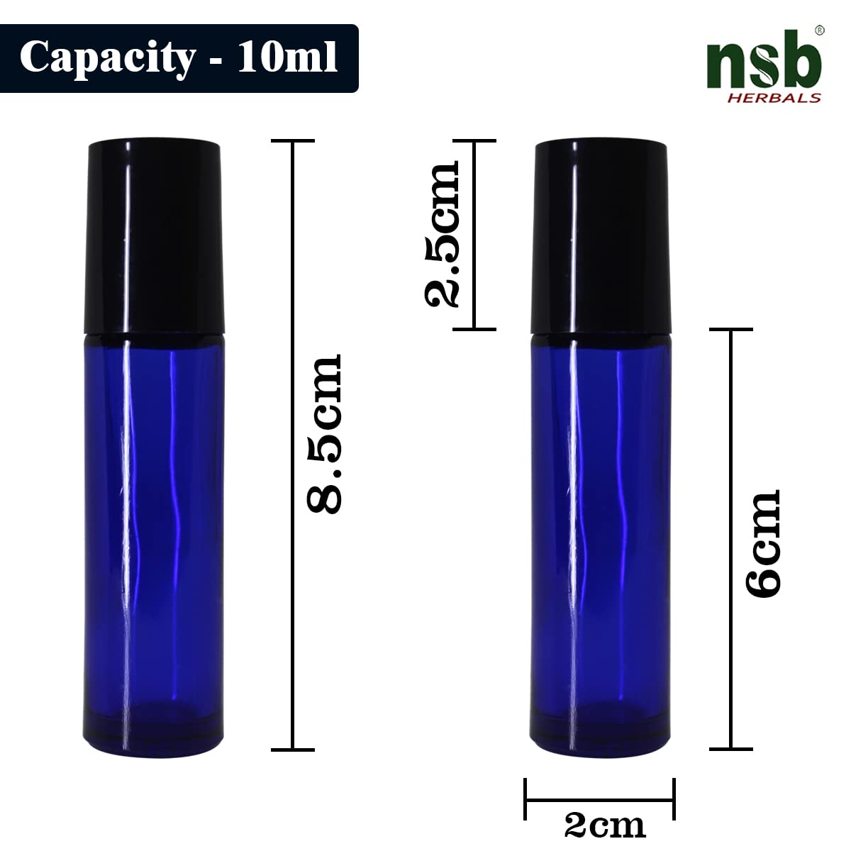 NSB Herbals 10ml Empty Blue Glass Roll On Bottles with Black Cap - Refillable Essential Oil Bottles for Aromatherapy, Perfume, Lip Balm | Perfect for Travel, DIY Beauty & Home Fragrance (Pack of 3)