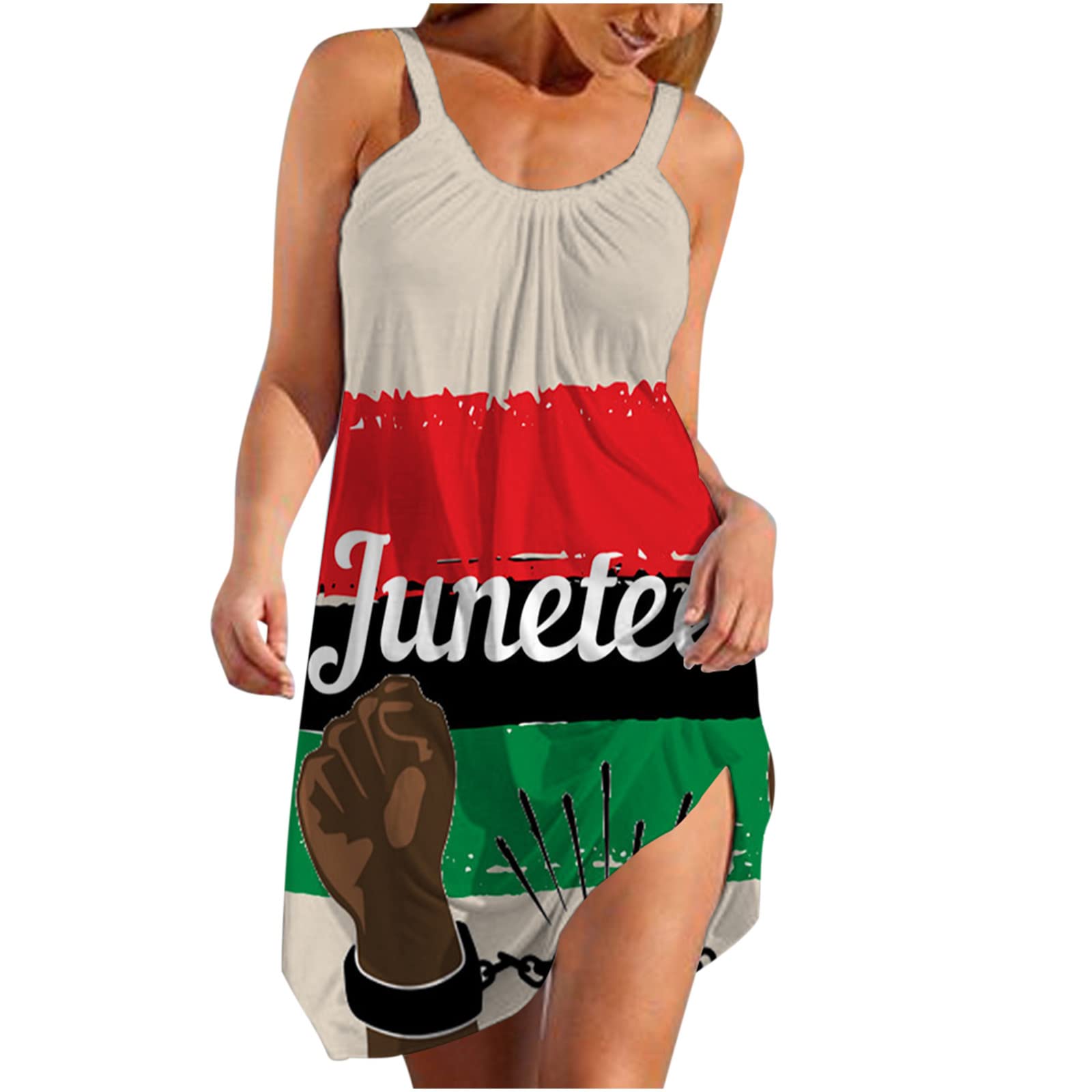 1865 Juneteenth Women's Summer Dress - Sleeveless Crewneck Mini Sun Dress with Letter Print Hem & Strap, Perfect for Beach, Parties & Juneteenth Celebrations