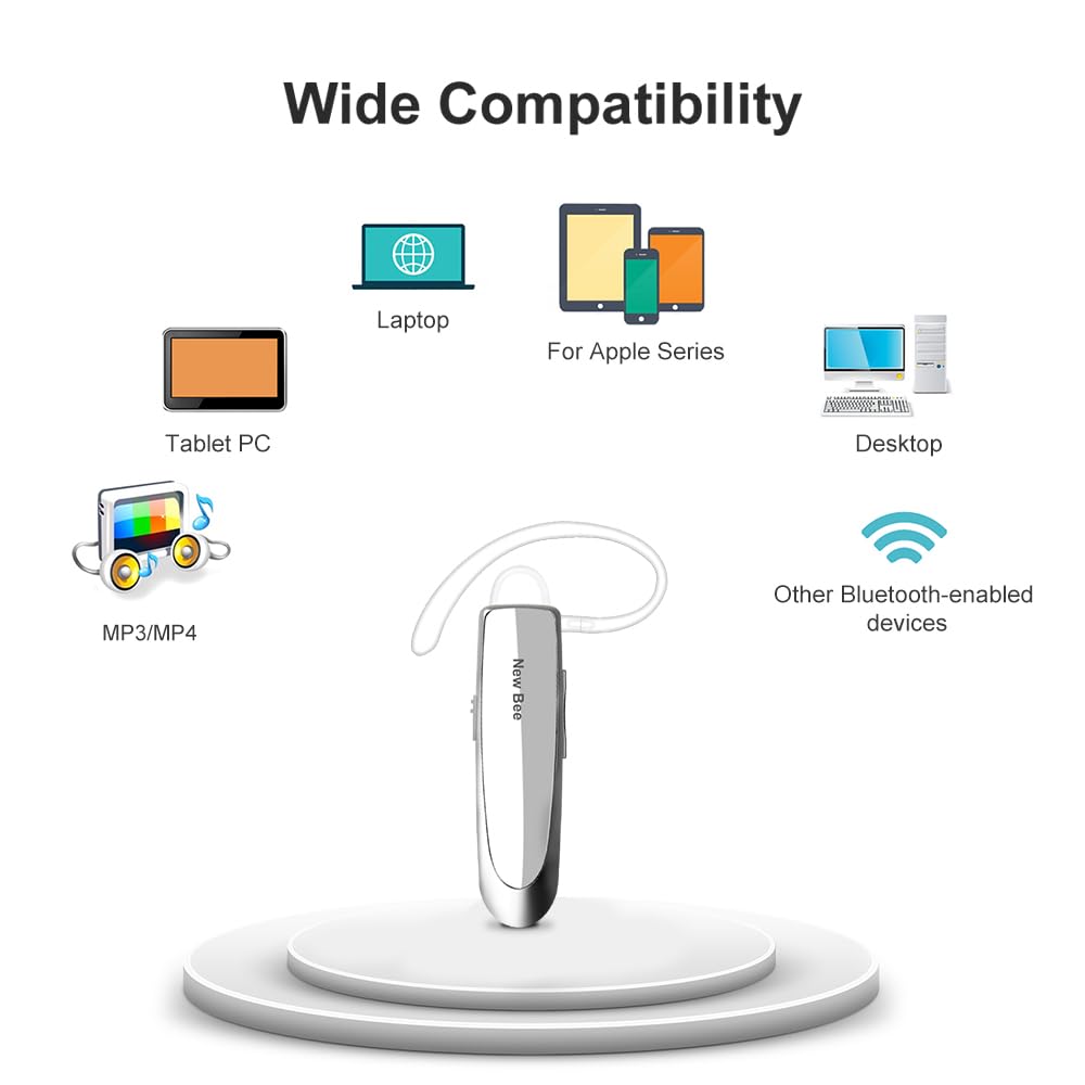 2 Pack Bluetooth 5.0 Wireless Earpiece - 24H Battery Life, 60 Days Standby - Hands-Free Headset for iPhone, Android, Laptop - Perfect for Truck Drivers, Office Work & Online Meetings (White)