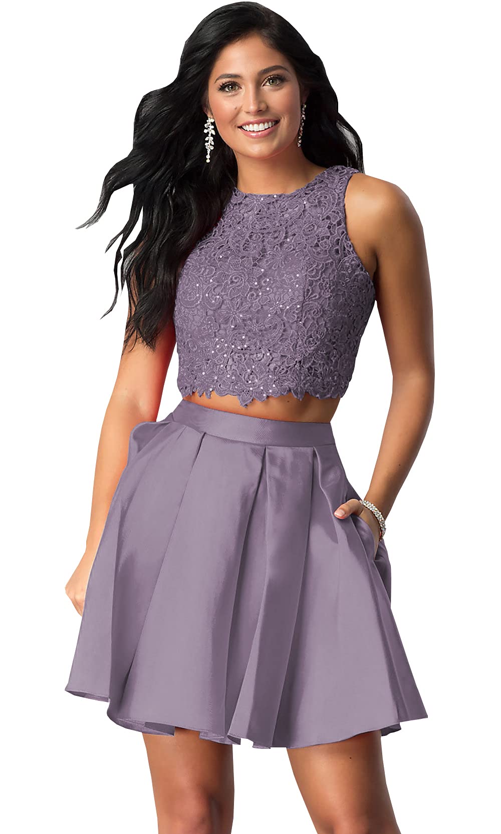 Elegant Women's Two Piece Short Prom Dress with Lace Bodice & Pockets - Homecoming, Formal Party Gown for Dances, Weddings & Special Occasions