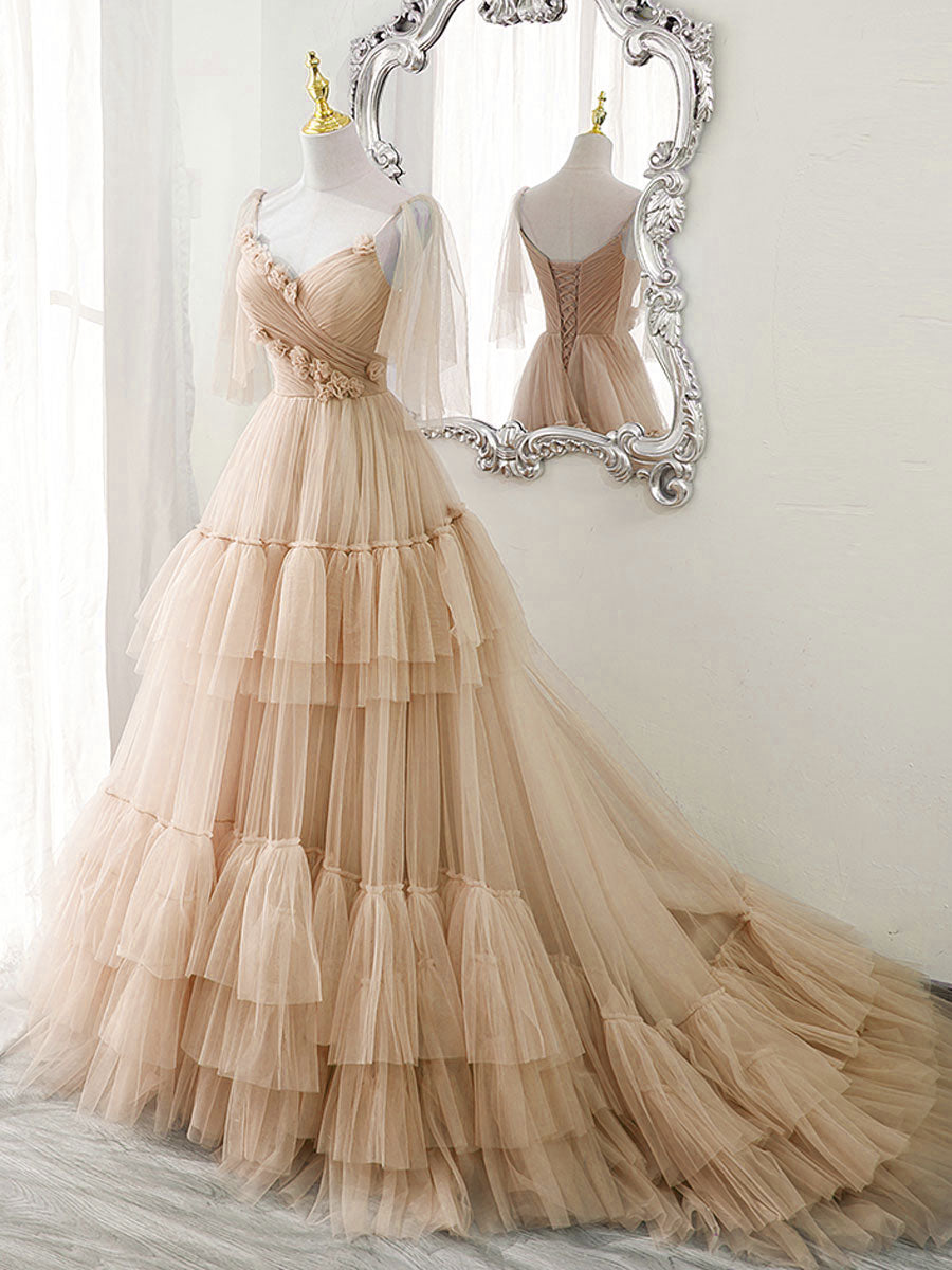 Elegant Blue V-Neck Tulle Long Prom Dress for Women - Formal Evening Gown for Homecoming, Ball, and Special Occasions