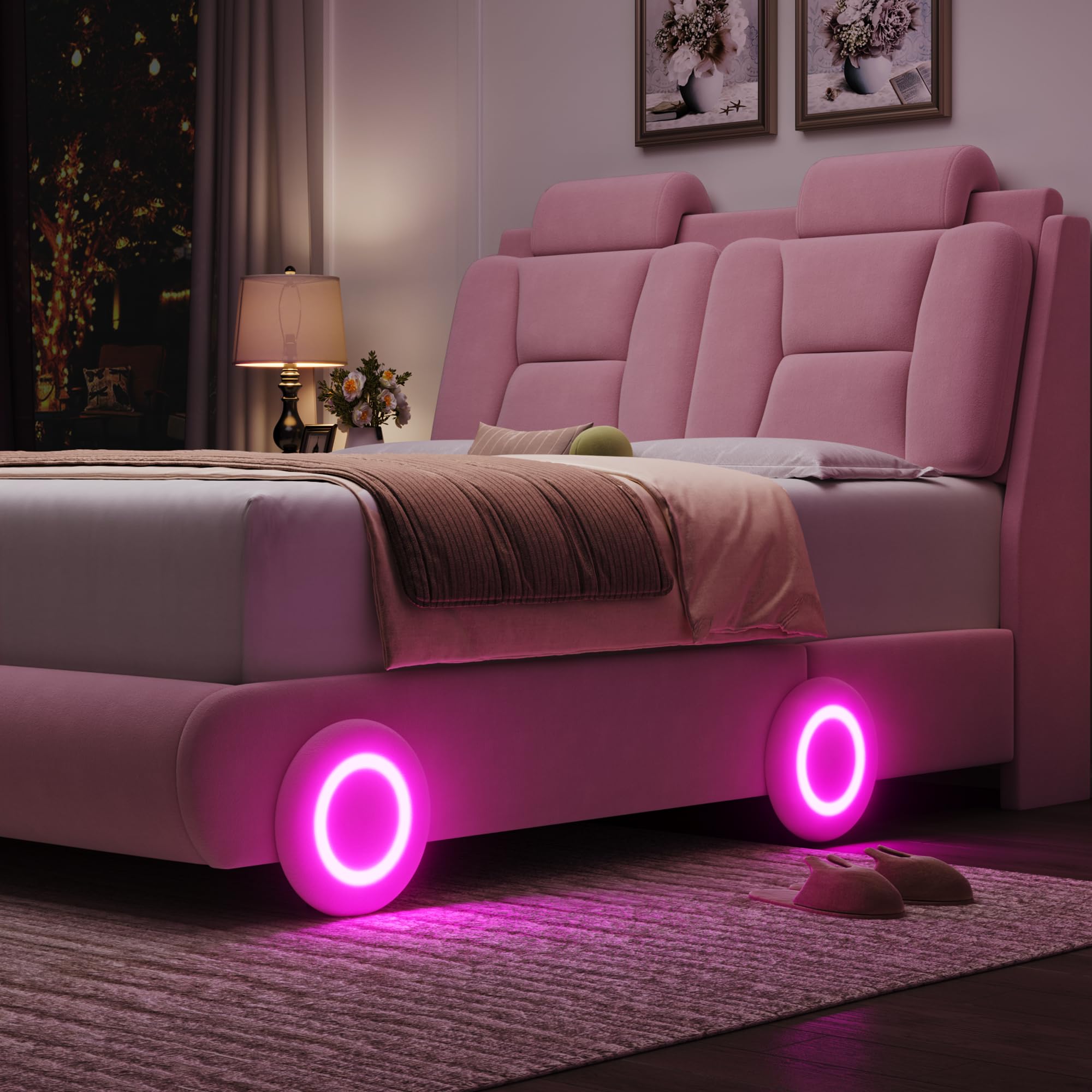 Modern Full Upholstered LED Car-Shaped Platform Bed Frame with Adjustable Curved Headboard & Wheels - Velvet Pink - Solid Wood Slat Support (No Box Spring Needed) - Perfect for Kids' Rooms, Teen Bedrooms & Themed Decor