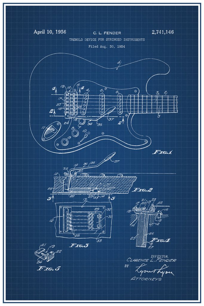 Vintage 1956 Electric Guitar Blueprint Poster - Official Patent Office Design, Stringed Instrument Diagram, Rock & Roll Wall Art - 12x18 Inches - Perfect for Music Studios, Band Rooms & Guitar Lovers Decor