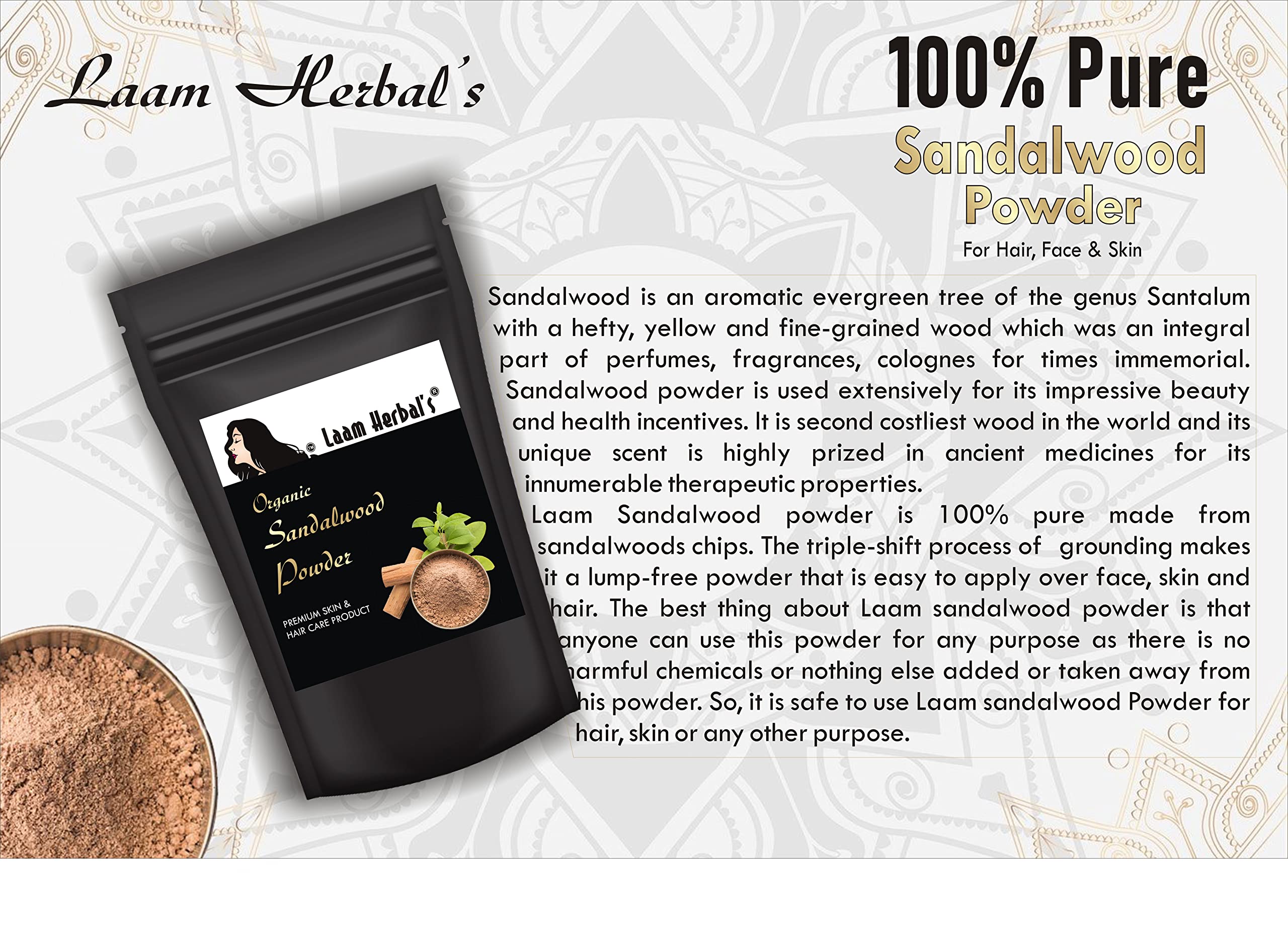 Laam Herbals Pure Sandalwood Powder (250g) - Natural Glow, Anti-Acne, Dark Circle Treatment, Oil Control & Skin Brightening | Organic Face Mask for Even Skin Tone & Tan Removal | Perfect for Daily Skincare & Spa Treatments