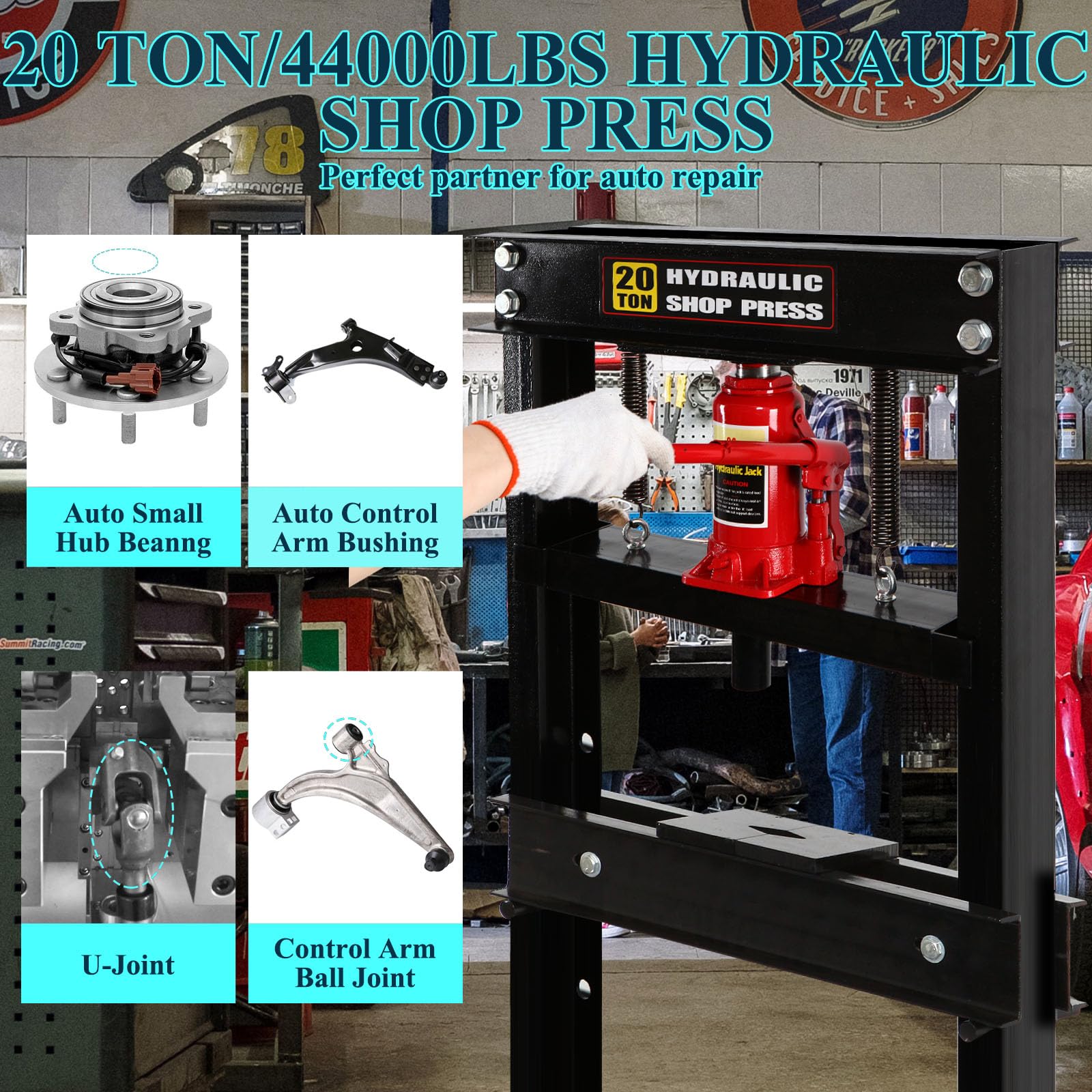 20 Ton Hydraulic Shop Press with Adjustable Height Work Table - Heavy Duty Garage Floor Press for Metalworking, Automotive Repair & DIY Projects